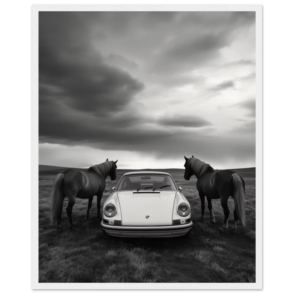 Lámina enmarcada de Porsche 911 y los caballos negros en un interior con estilo | Atelier Marbella