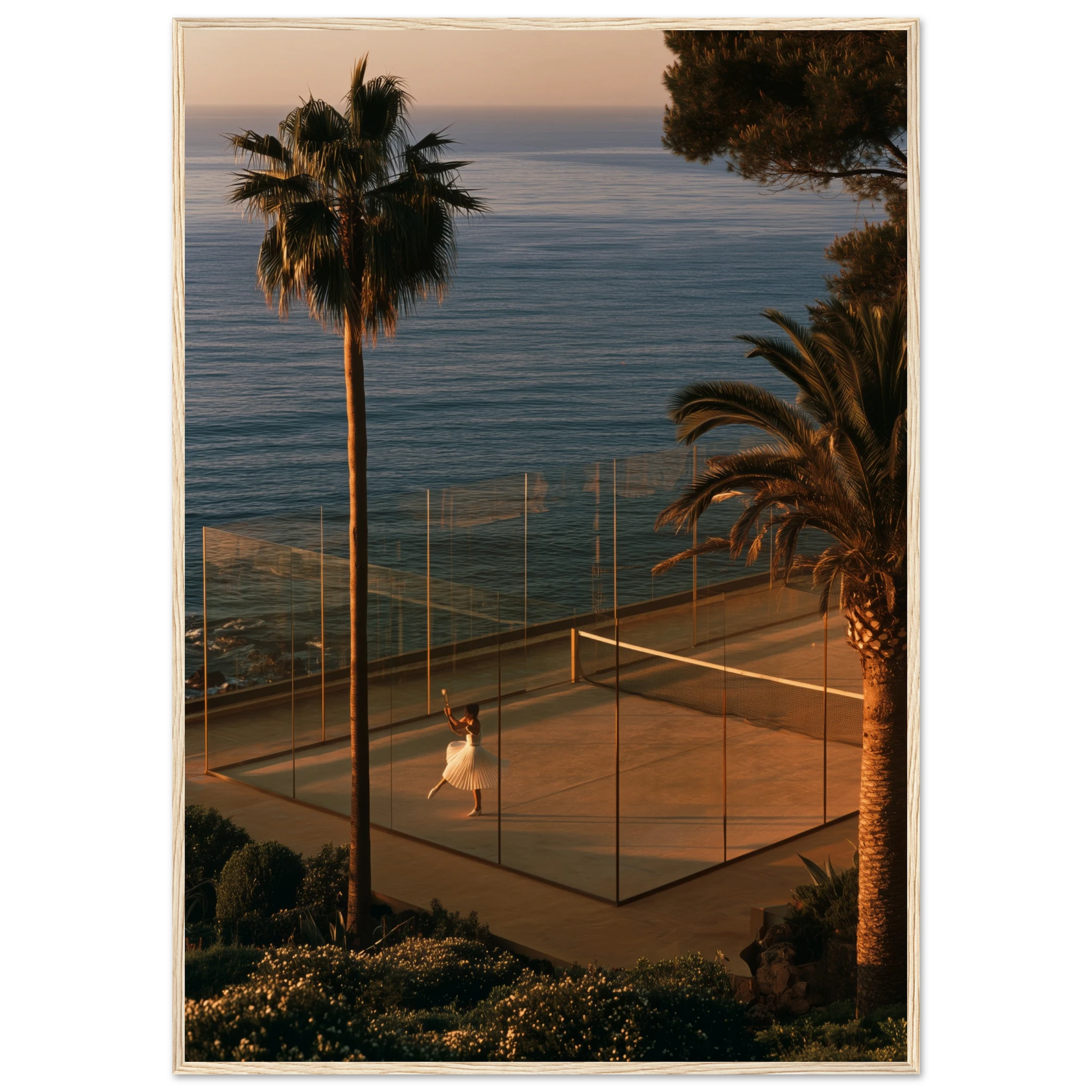 Sunset Padel — Riviera Court framed print styled on a warm terracotta wall | Atelier Marbella