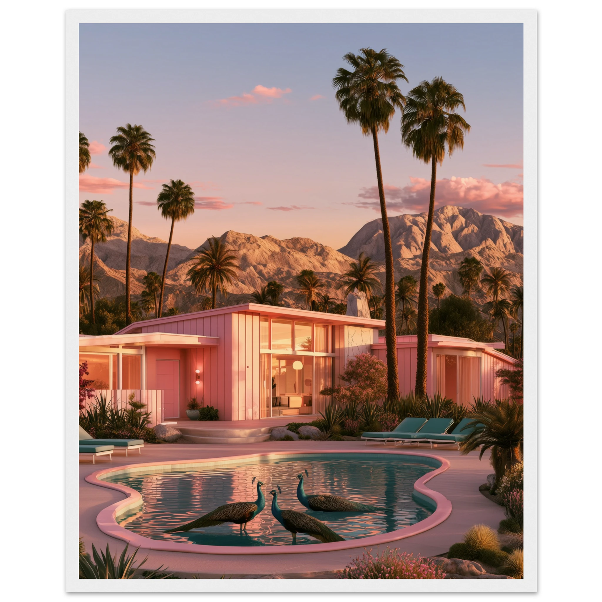 Three Peacocks — Palm Springs Pool framed print above a sofa | Atelier Marbella