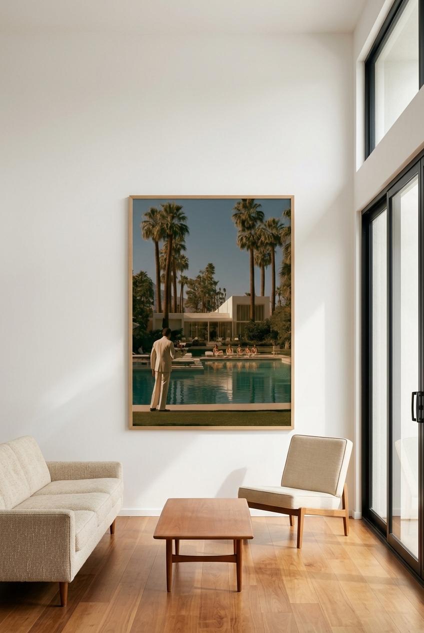 Palm Springs poolside framed print, butler serving drinks by mid-century pool