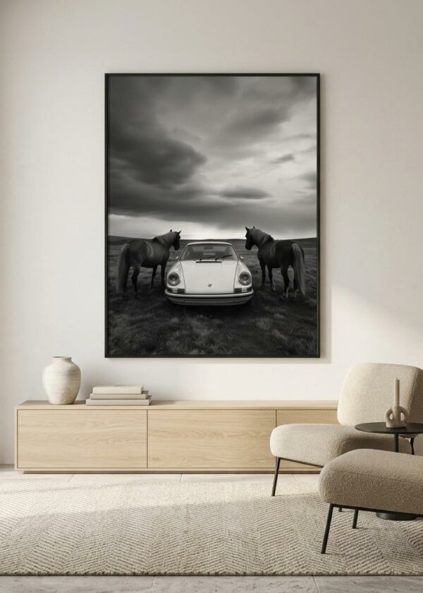 Porsche 911 and the Black Horses — Framed Print