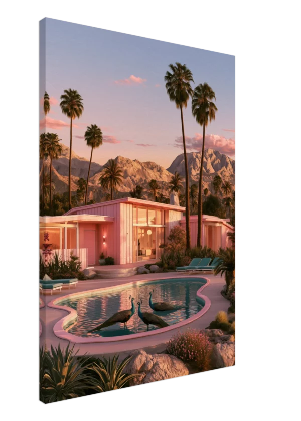 Tres pavos reales — Piscina de Palm Springs — Impresión en lienzo