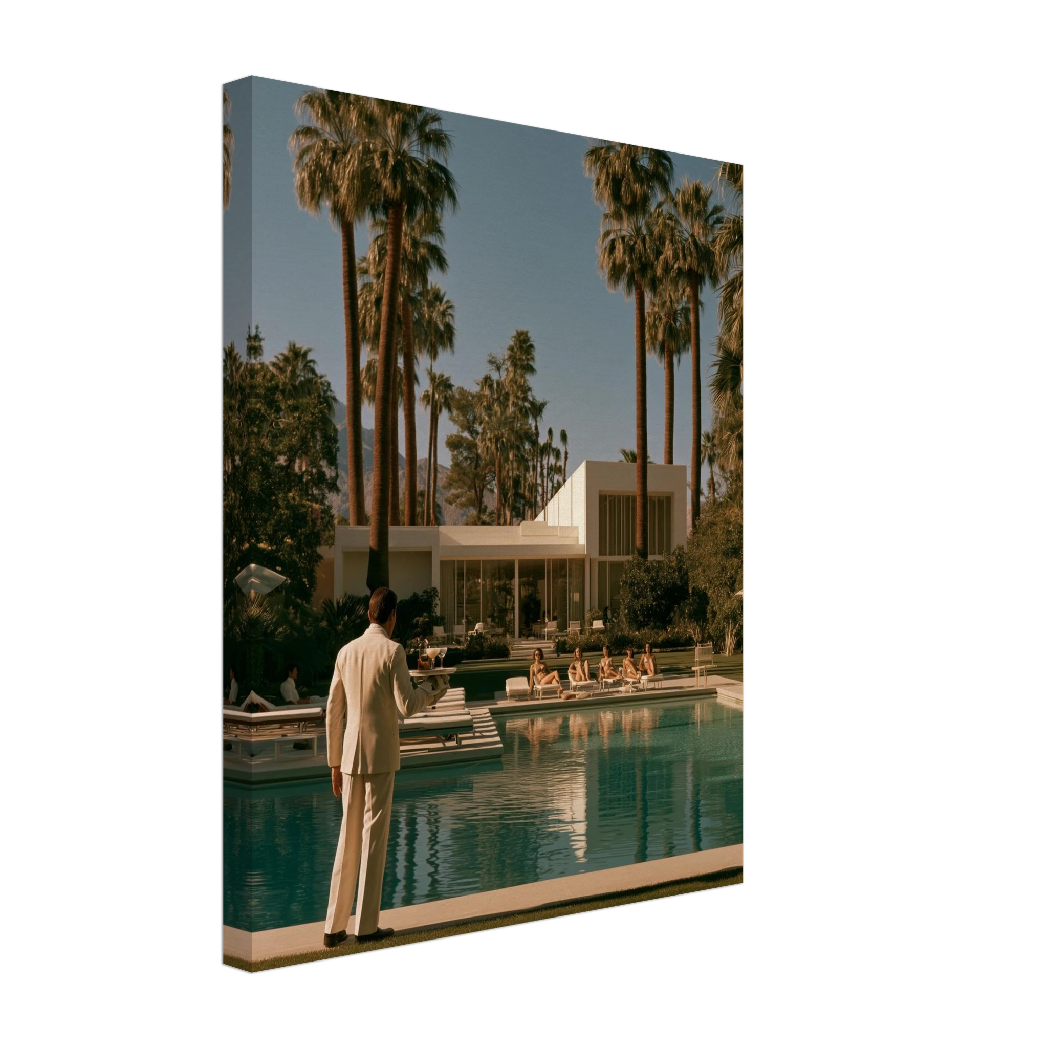 Palm Springs poolside canvas print living room mockup