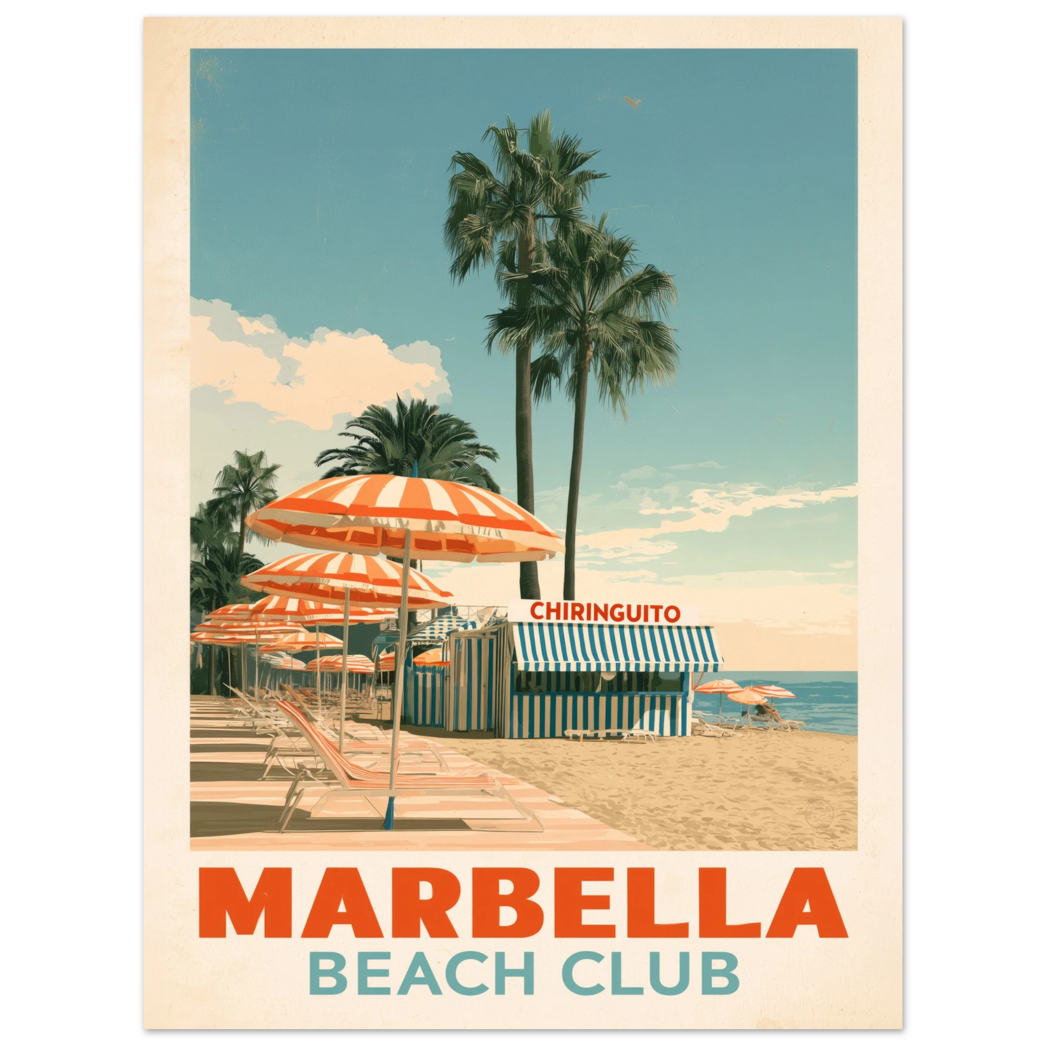 Marbella Beach Club matte art print - vintage travel poster Mediterranean wall art