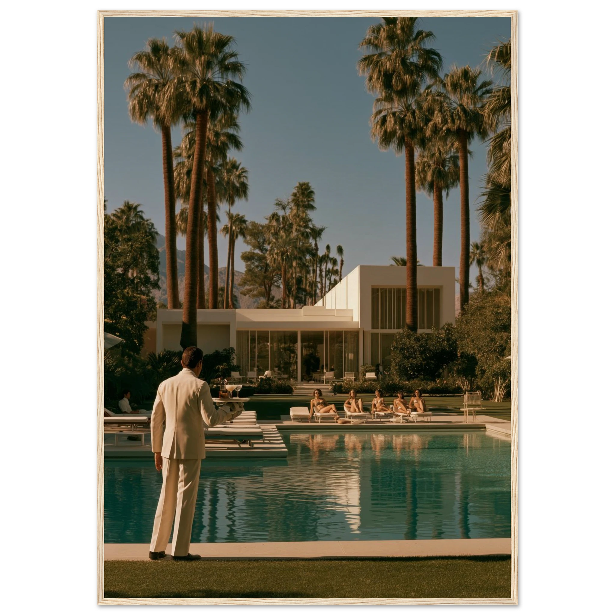 Palm Springs poolside framed print dark wood frame detail