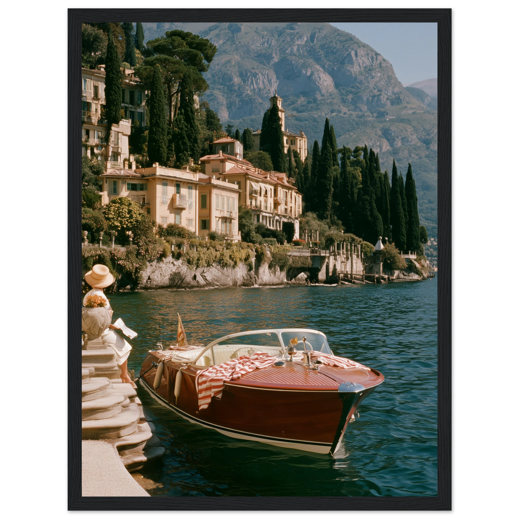 Riva Boat Bellagio framed print on a wall, Kodachrome style vintage photography