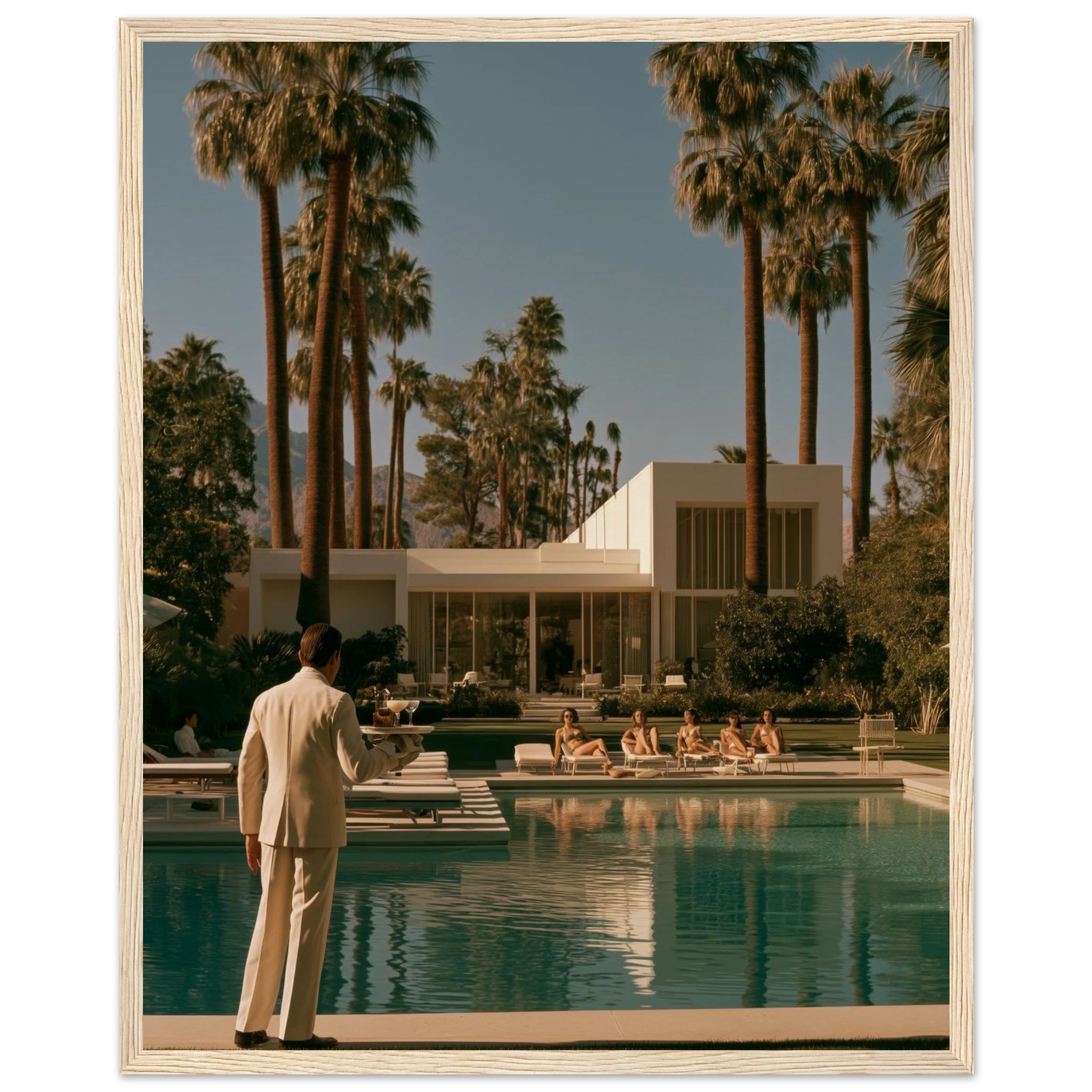 Palm Springs poolside framed wall art in bedroom mockup