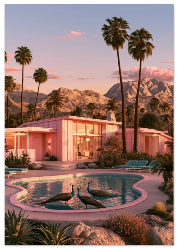 Tres Pavos Reales — Piscina de Palm Springs — Lámina de Arte Mate