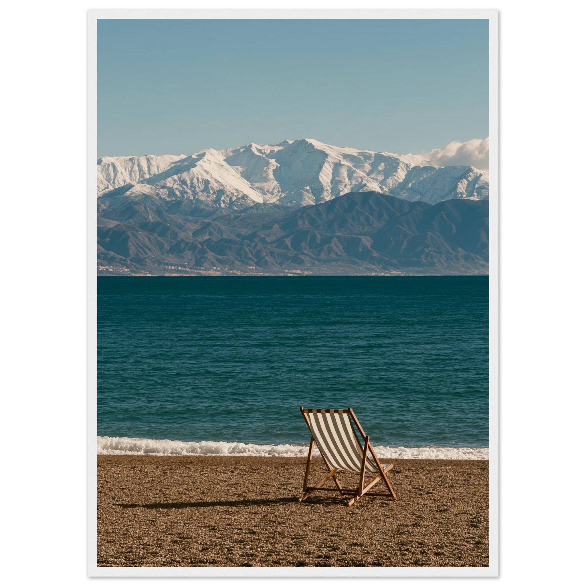 Sierra Nevada from the Shore framed print, calm beach scene for guest room wall art