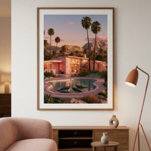 Three Peacocks — Palm Springs Pool — Framed Print