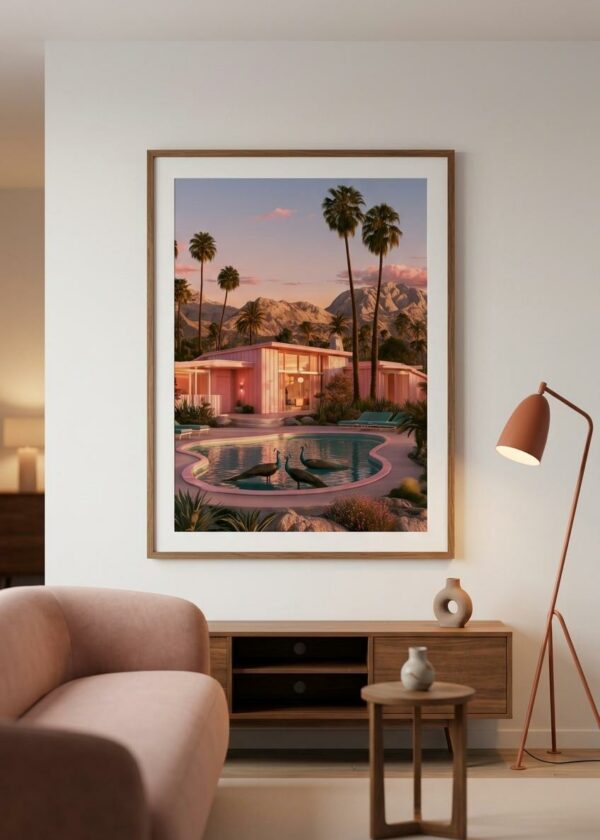 Three Peacocks — Palm Springs Pool — Framed Print