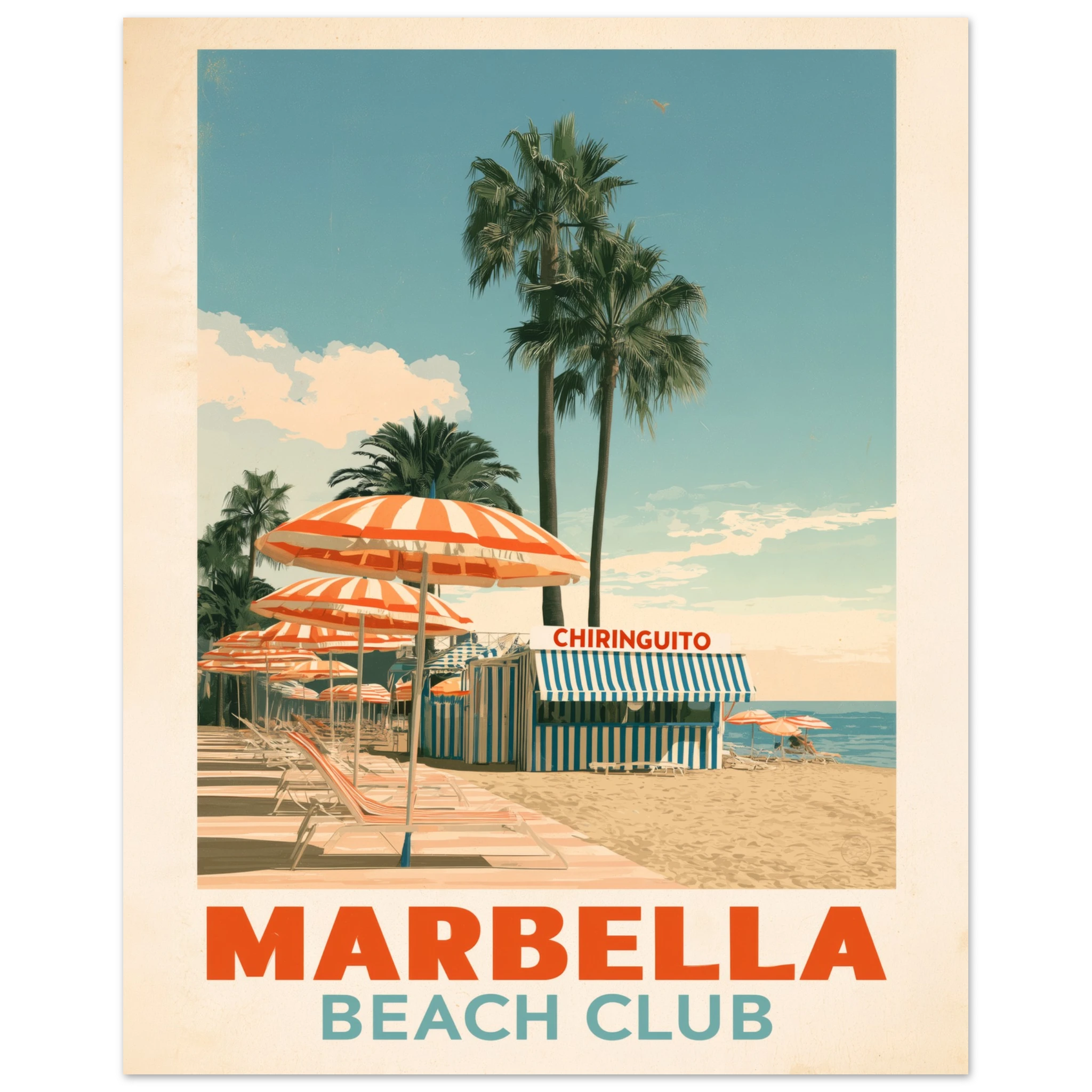 Marbella Beach Club matte art print - vintage travel poster Mediterranean wall art