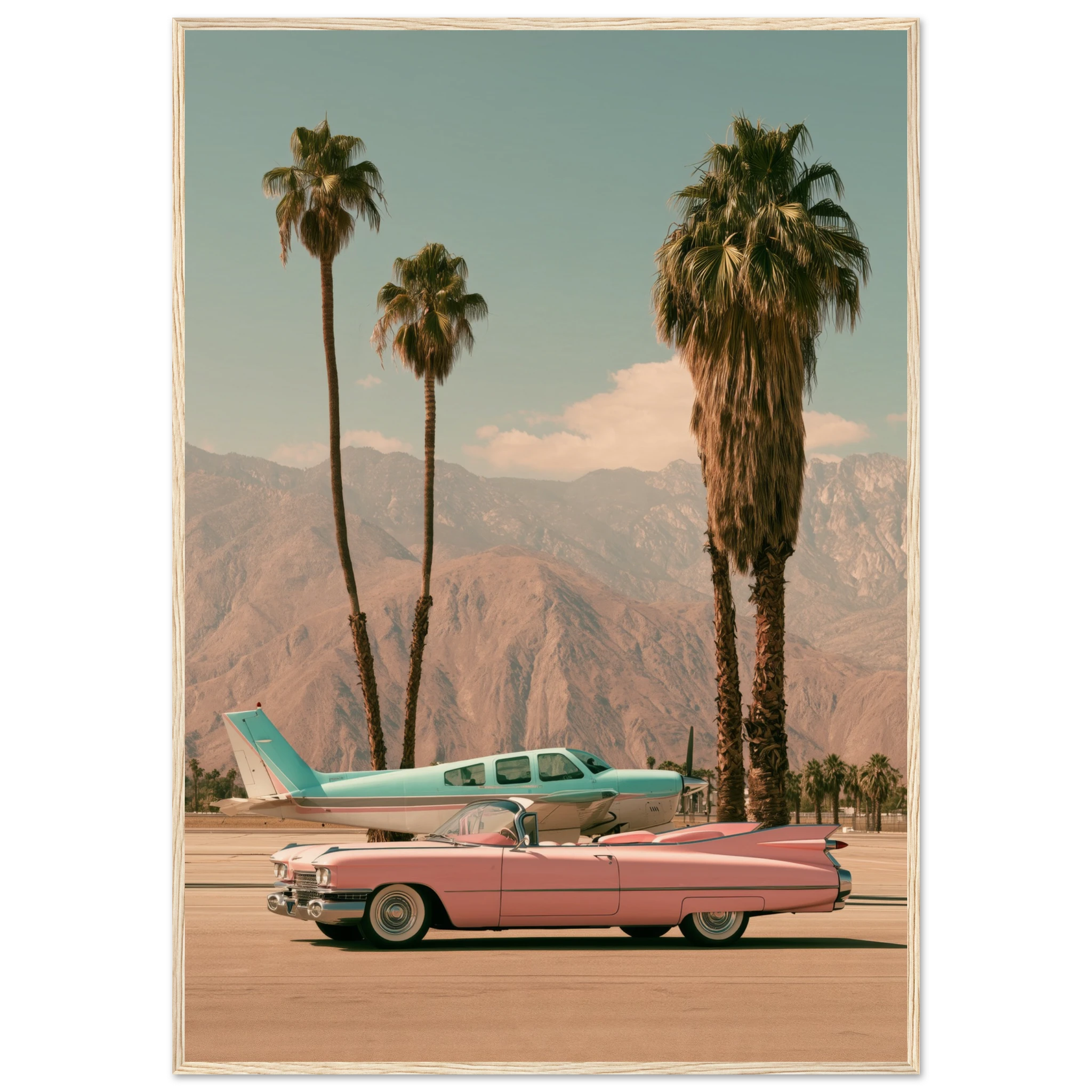 pink cadillac wall art: Pink Cadillac convertible and turquoise vintage plane on a Palm Springs runway with palm trees and mountains, framed print, view 9