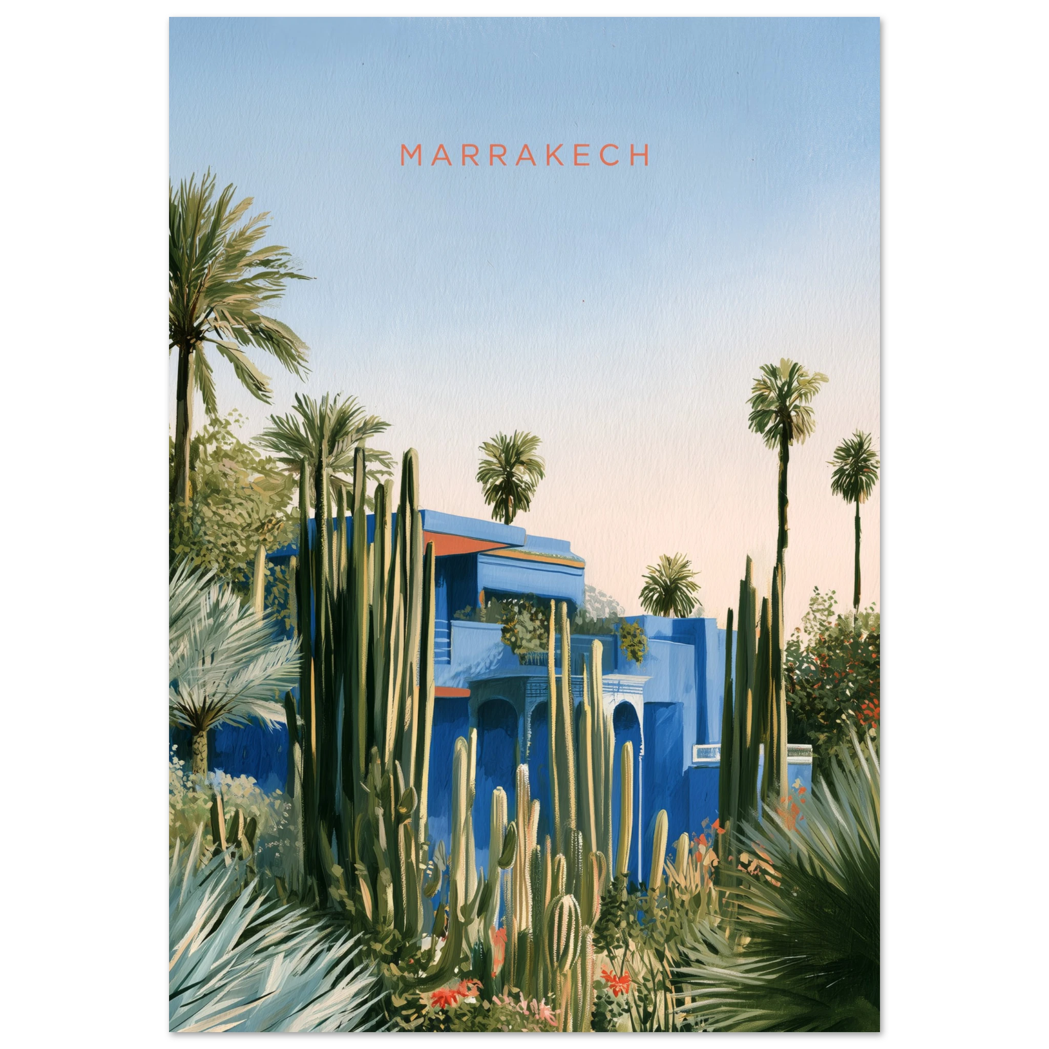 Majorelle Blue Marrakech matte art print, cobalt Majorelle villa with cacti and palms, Marrakech — interior mockup 6