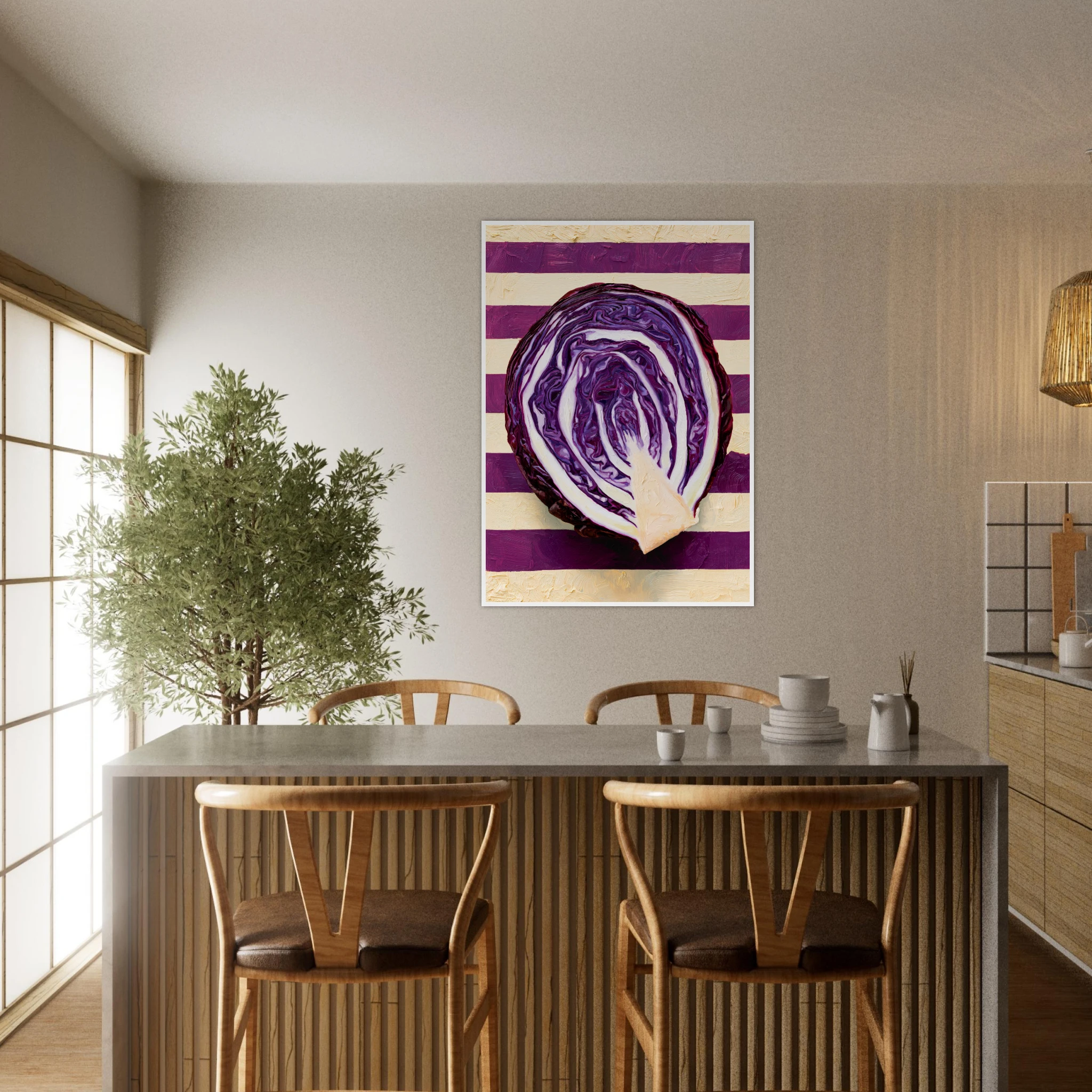 The Red Cabbage framed print, hyperrealistic oil painting of a halved red cabbage on a kitchen wall, room mockup 7