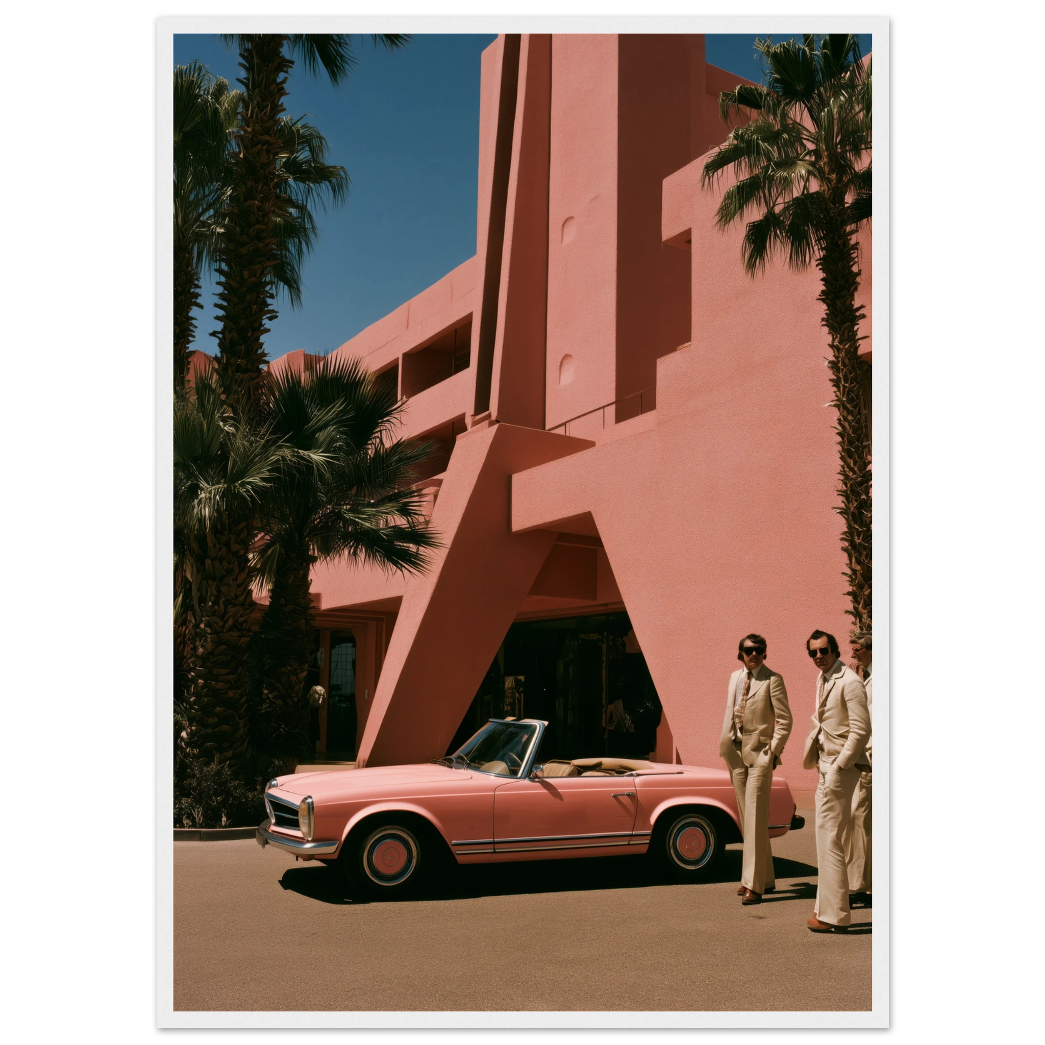 pink mercedes wall art: Pink Mercedes Pagoda outside a blush Palm Springs hotel, framed print, view 4