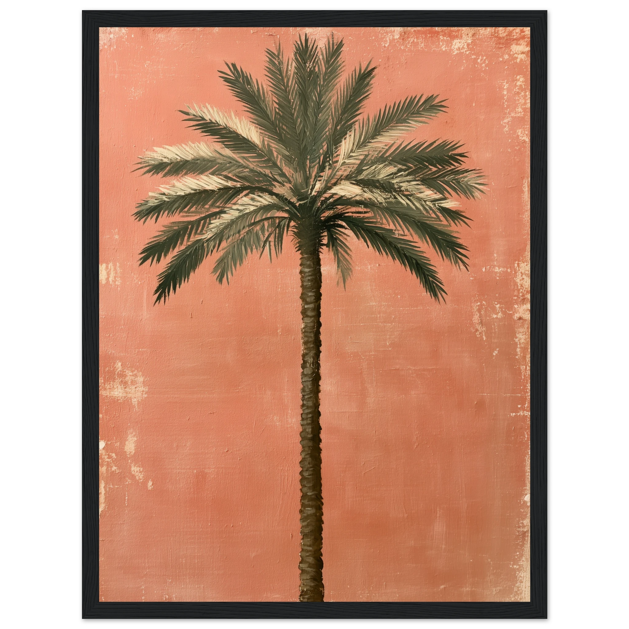 palm tree wall art: Single date palm tree painted on a weathered terracotta wall, framed print, view 9