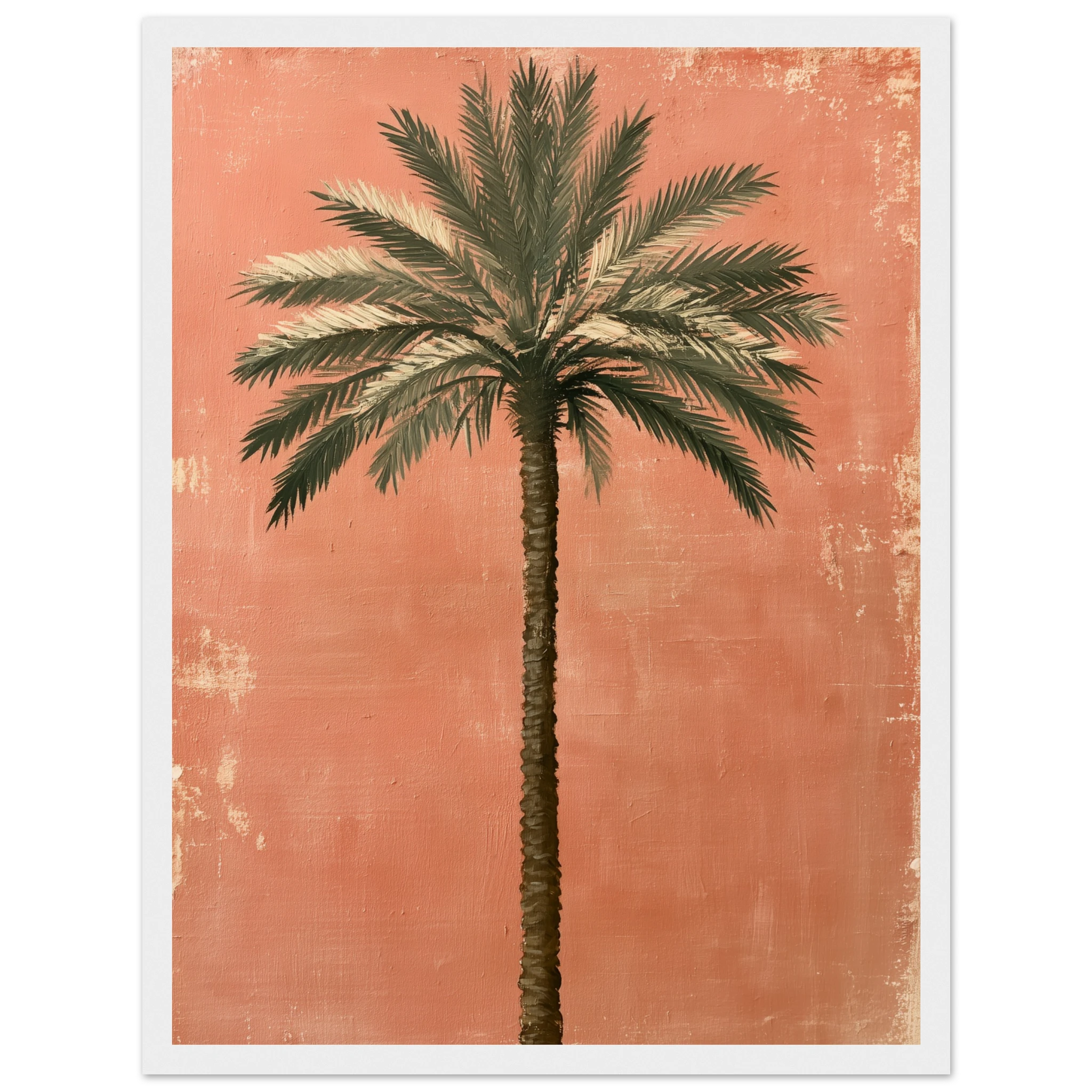 palm tree wall art: Single date palm tree painted on a weathered terracotta wall, framed print, view 4