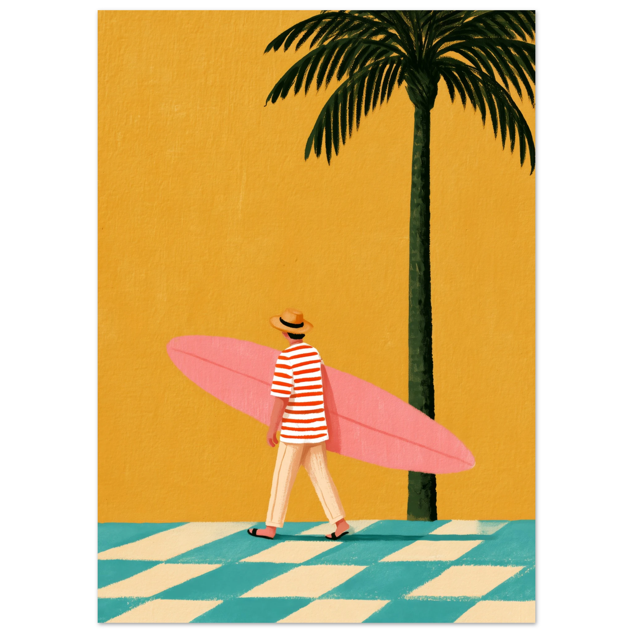 pink surfboard art print, a striped surfer carrying a pink surfboard beside a tall palm on a mustard background (view 2)