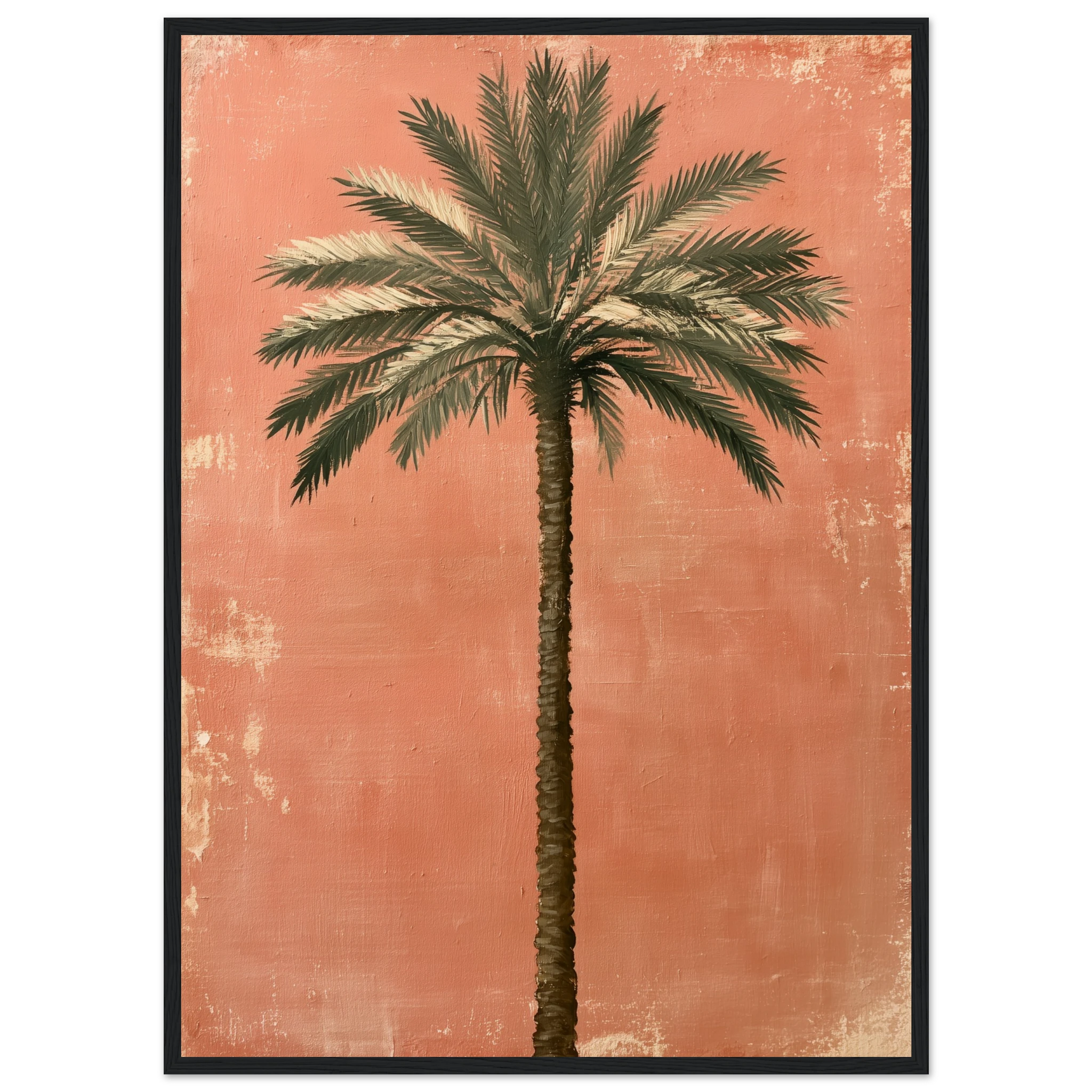 palm tree wall art: Single date palm tree painted on a weathered terracotta wall, framed print, view 7