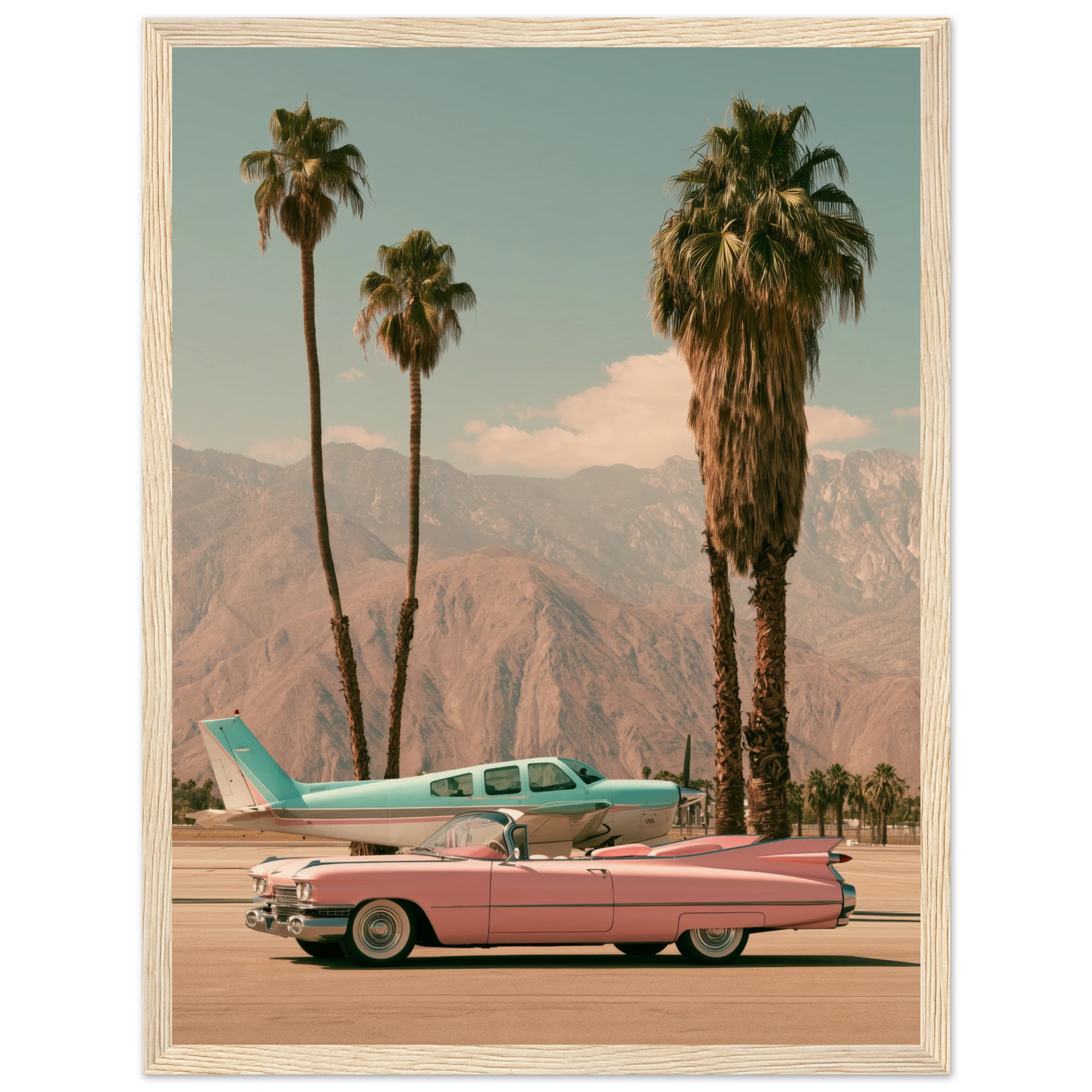 pink cadillac wall art: Pink Cadillac convertible and turquoise vintage plane on a Palm Springs runway with palm trees and mountains, framed print, view 6