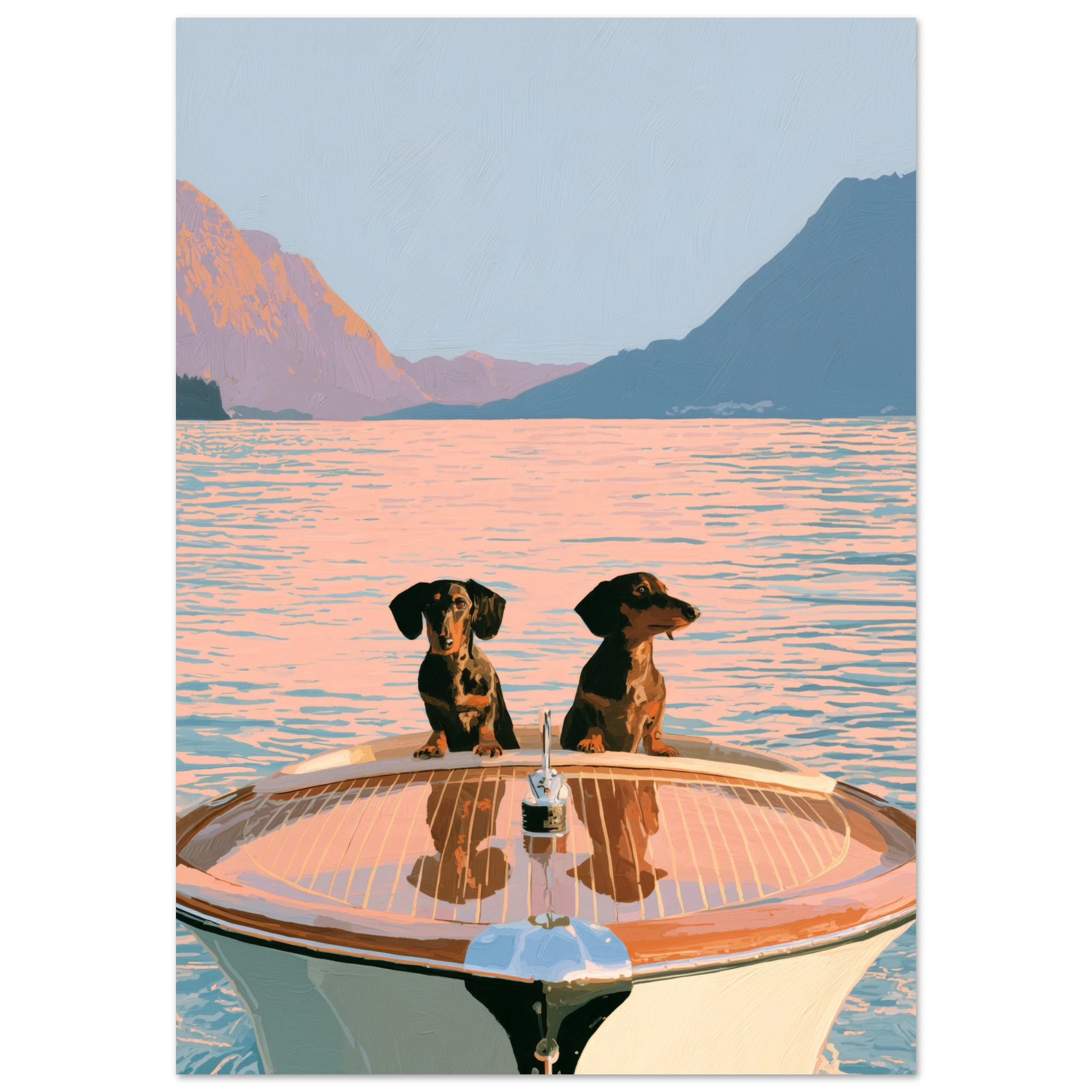 Dachshunds on the Riva — Lake Como matte art print, dachshund wall art — two dachshunds on the bow of a vintage wooden Riva boat, Lake Como glowing peach and blue at golden hour