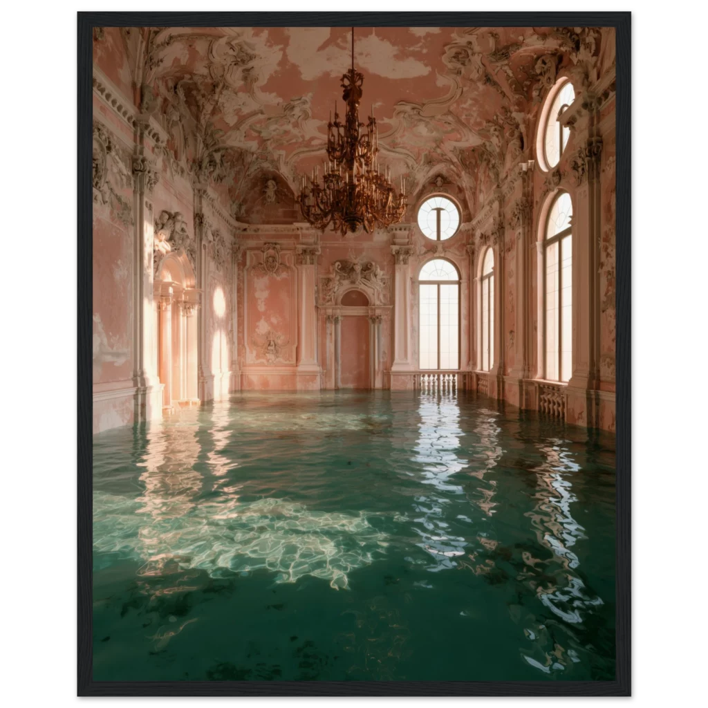 The Flooded Ballroom Pink Baroque framed print, pink baroque ballroom flooded with emerald water — interior mockup 1