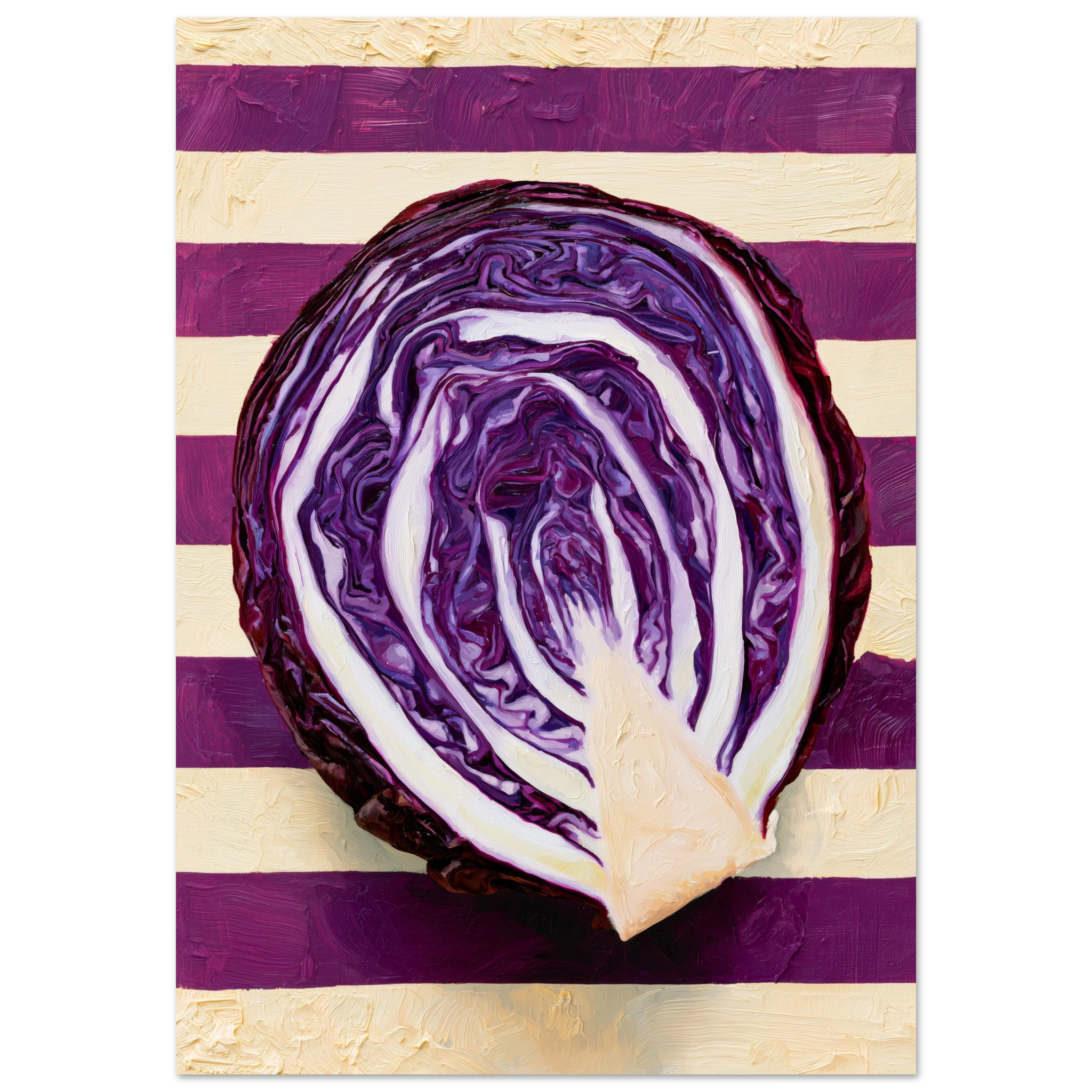 The Red Cabbage matte art print, hyperrealistic oil painting of a halved red cabbage, main view