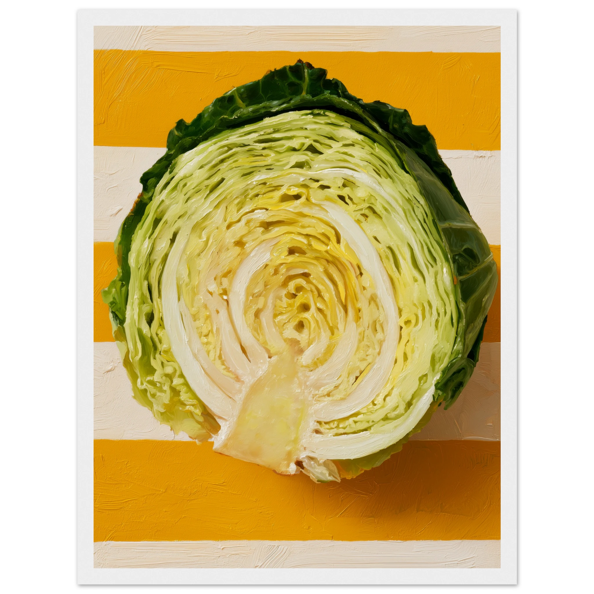 cabbage wall art: halved savoy cabbage on saffron and cream stripes, framed print, view 8