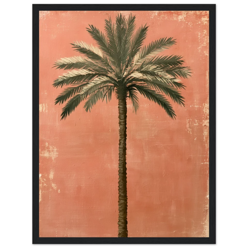 palm tree wall art: Single date palm tree painted on a weathered terracotta wall, framed print, view 2