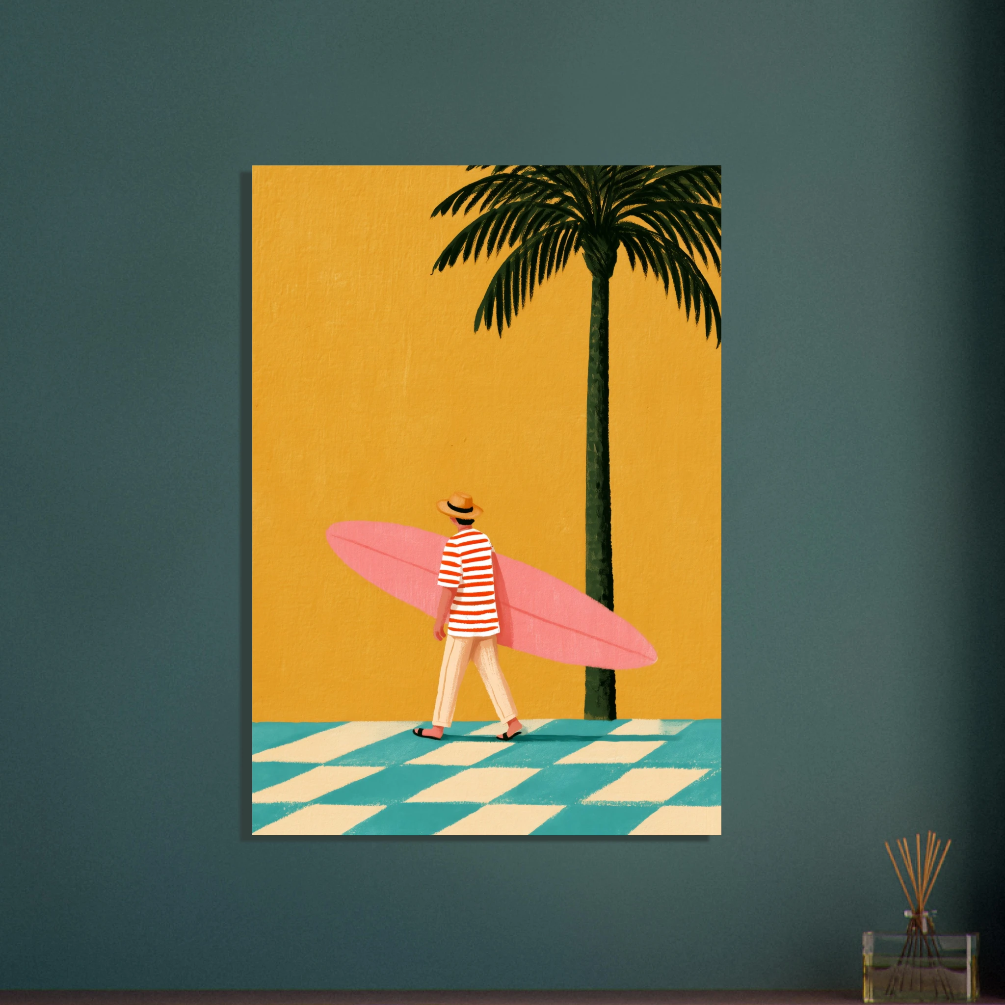 pink surfboard art print, a striped surfer carrying a pink surfboard beside a tall palm on a mustard background (view 4)