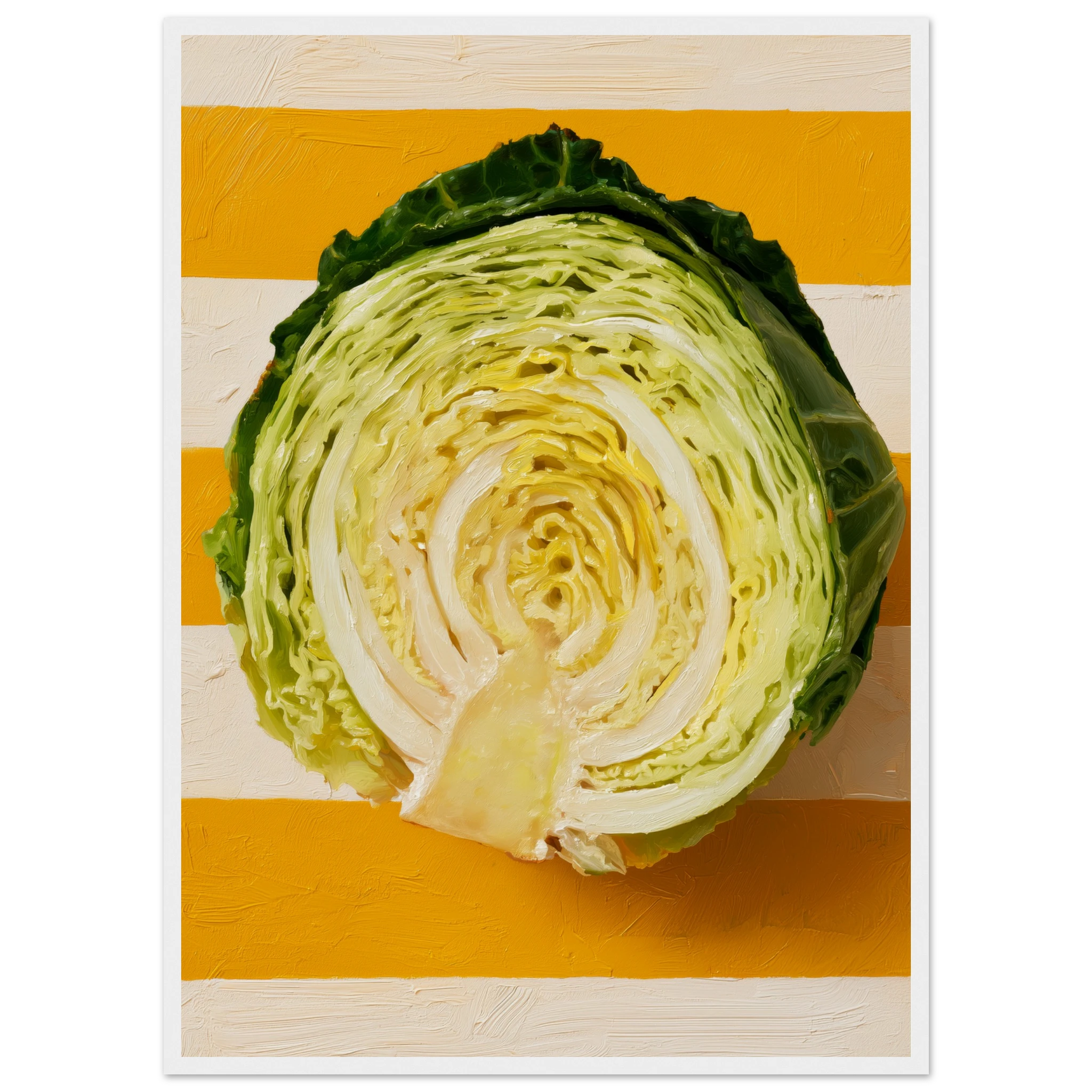 cabbage wall art: halved savoy cabbage on saffron and cream stripes, framed print, view 6