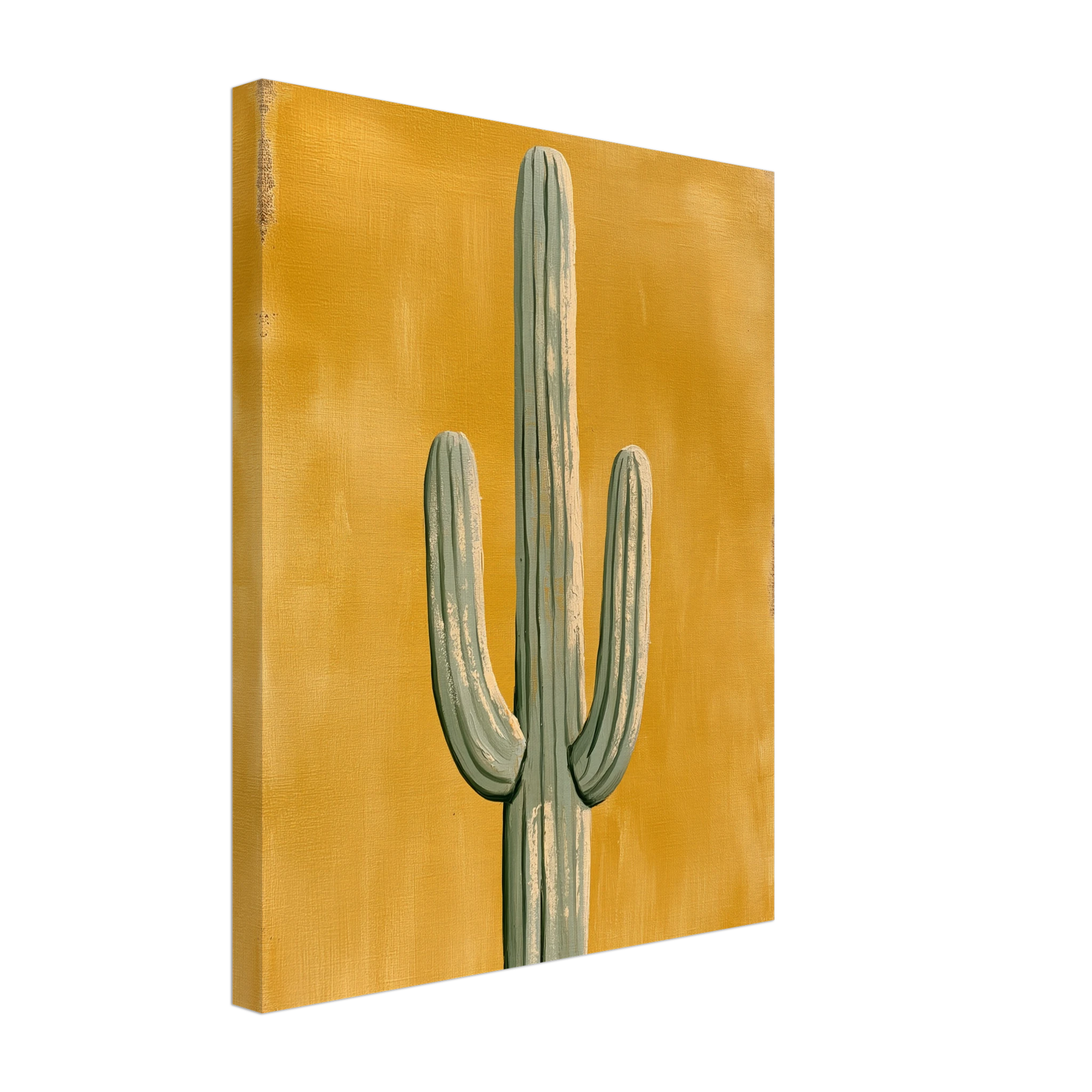 Saguaro Gold — Sonoran Sun canvas print, Saguaro cactus print, sage-green cactus on a mustard-yellow painted background (view 4)