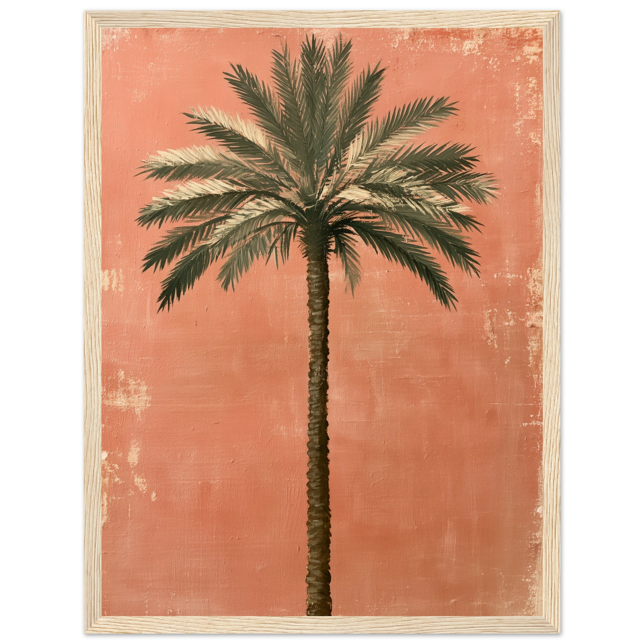 palm tree wall art: Single date palm tree painted on a weathered terracotta wall, framed print, view 6