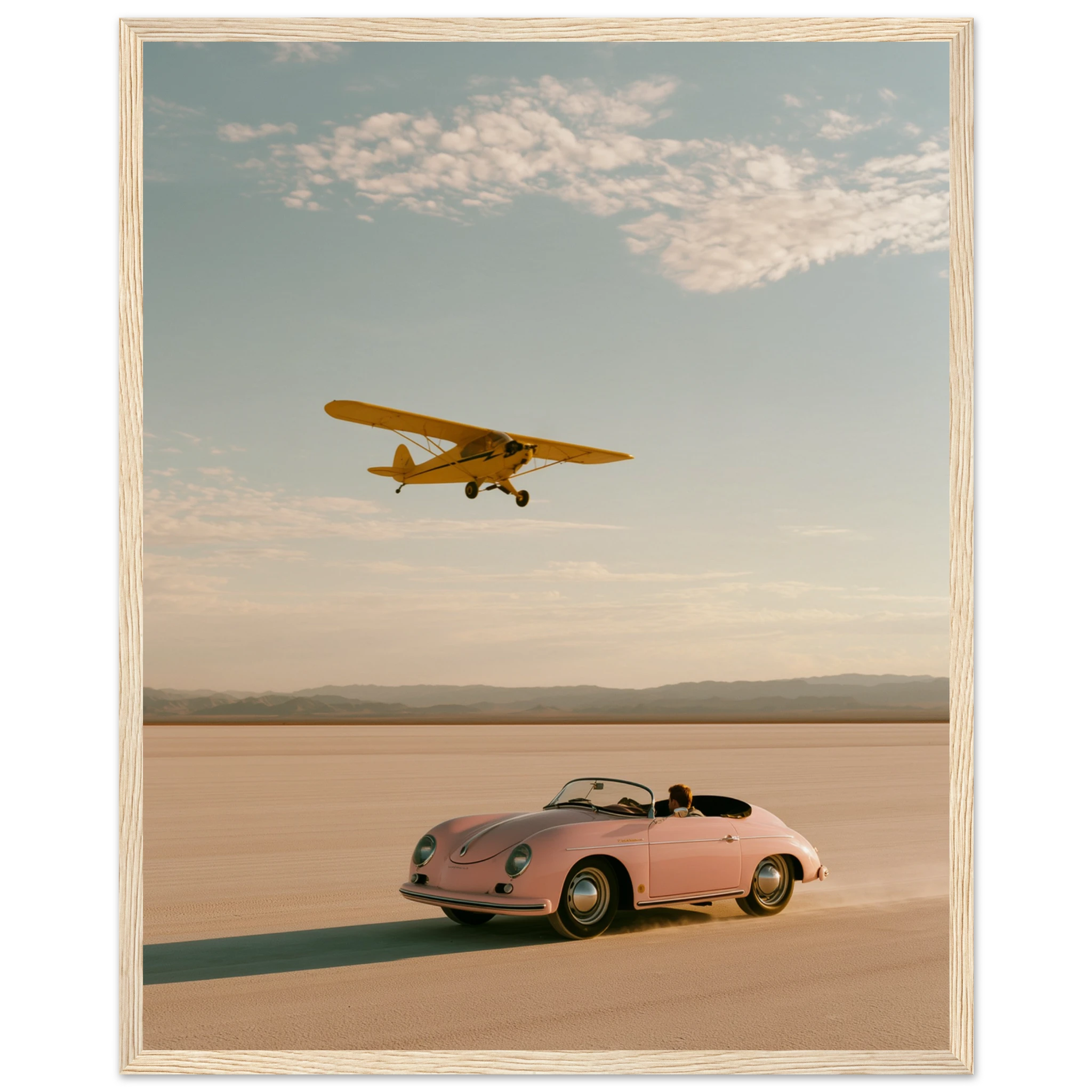 Pink Speedster Salt Flat Flyover framed print with a pink Porsche 356 and yellow plane | Atelier Marbella