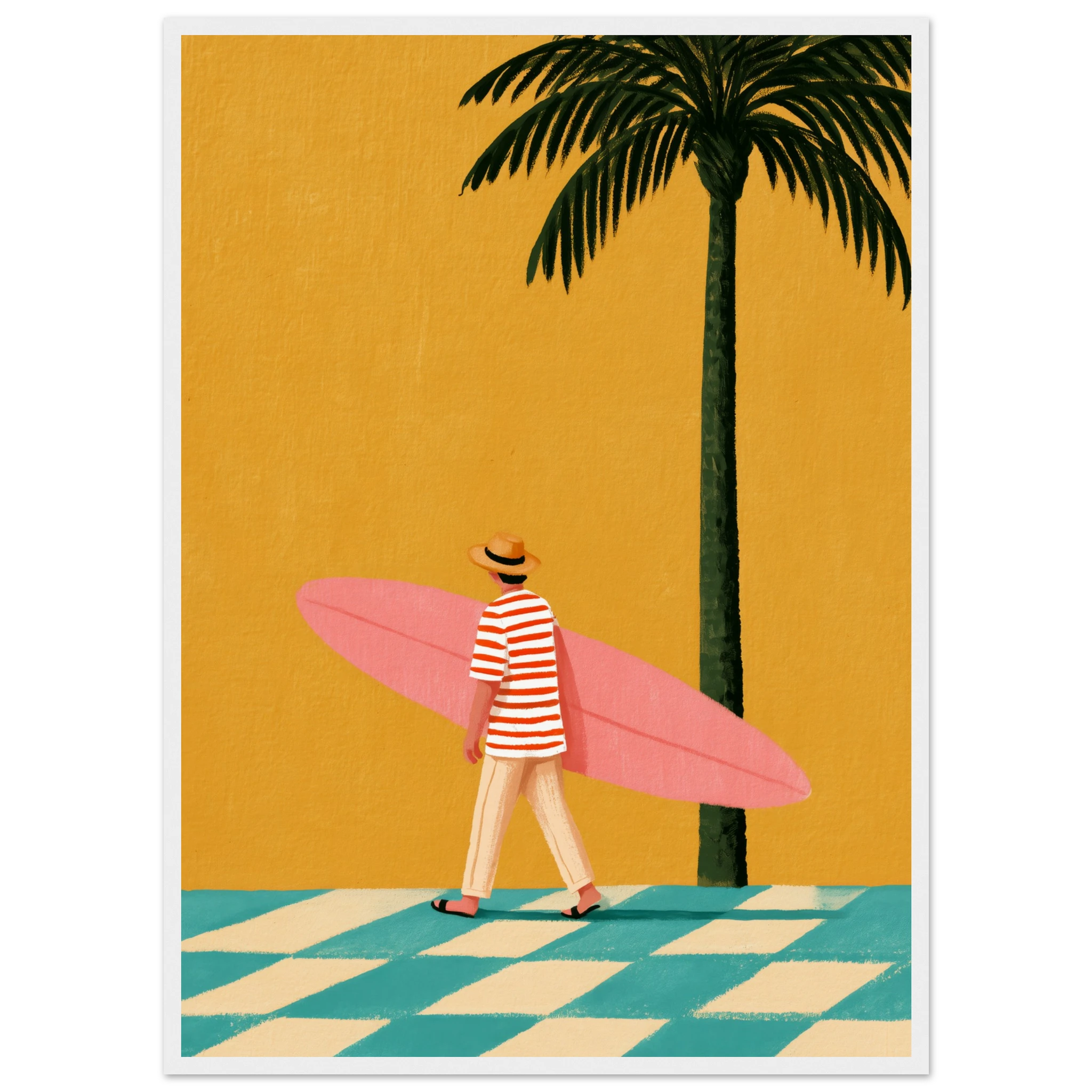 Pink Surfboard framed print, retro beach colour in a vintage photography wall art style