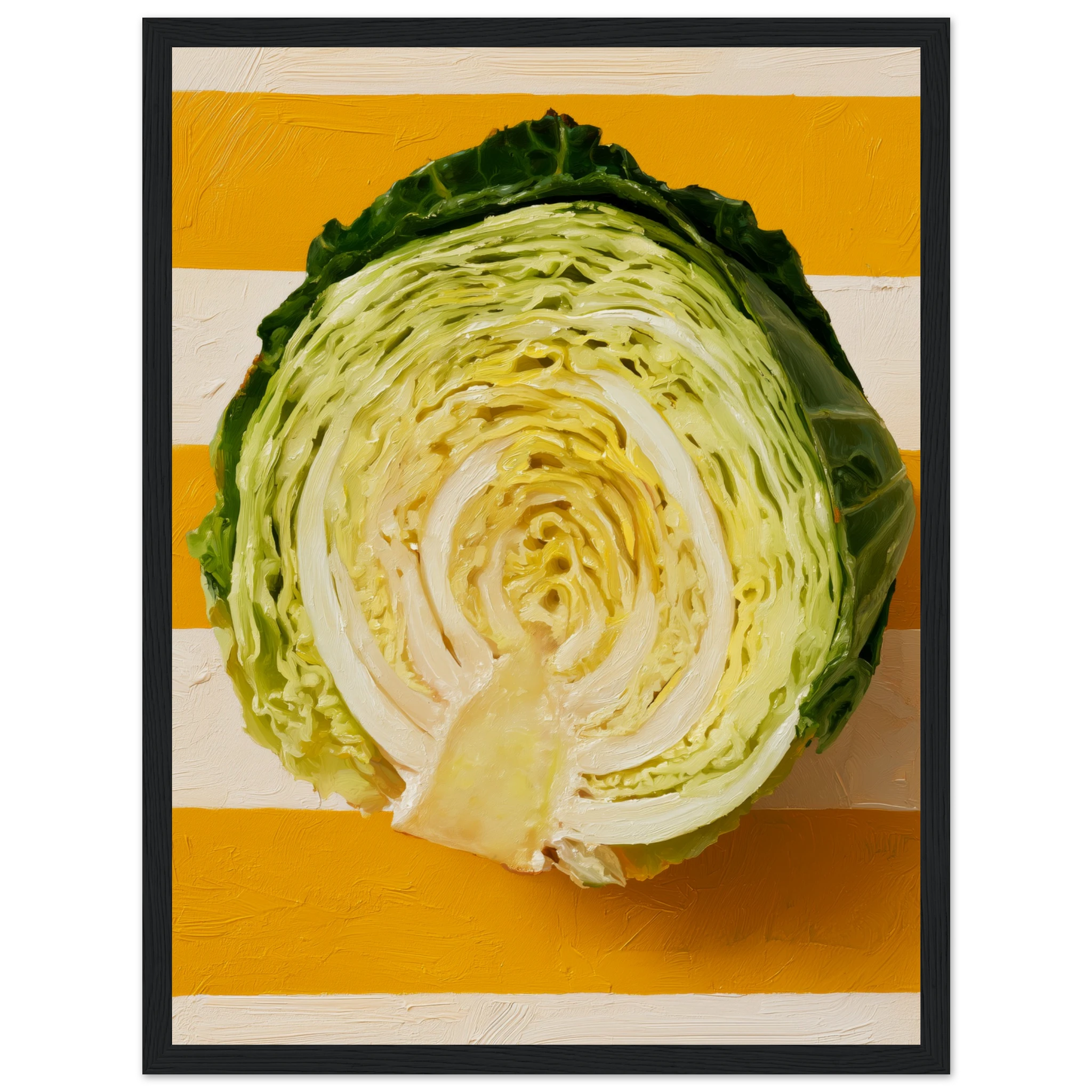 cabbage wall art: halved savoy cabbage on saffron and cream stripes, framed print, view 5