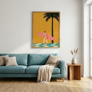 Pink Surfboard — The Surfer in Stripes — Impression encadrée