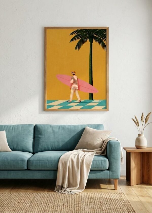 Pink Surfboard — The Surfer in Stripes — Framed Print