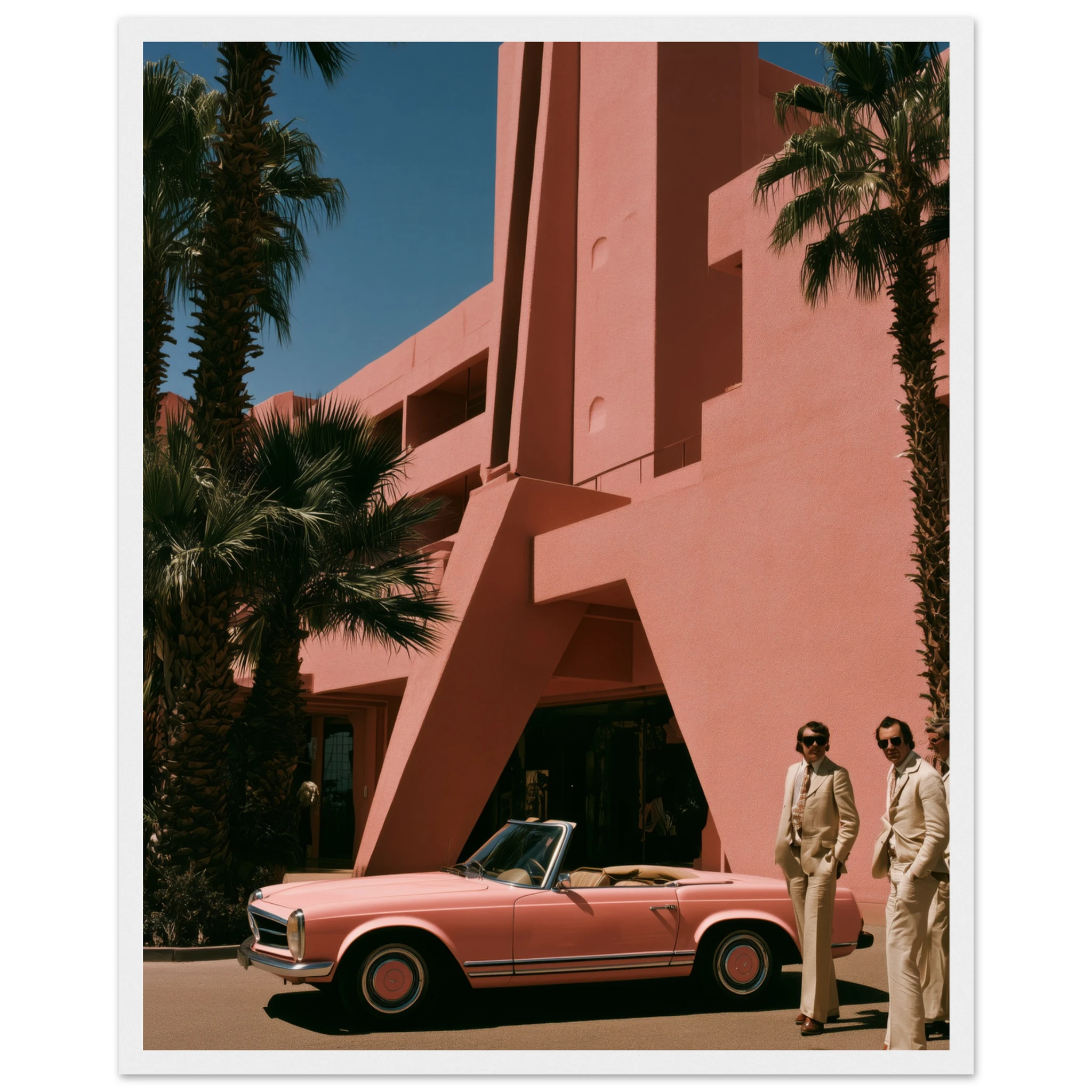 pink mercedes wall art: Pink Mercedes Pagoda outside a blush Palm Springs hotel, framed print, view 8