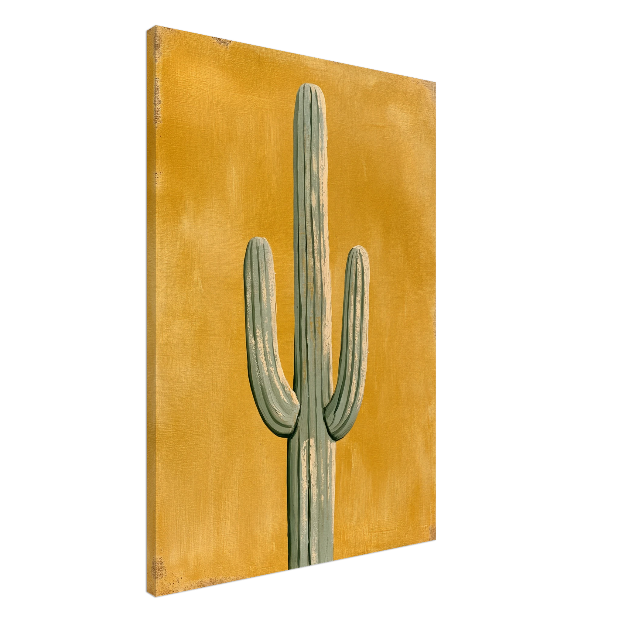 Saguaro Gold — Sonoran Sun canvas print, Saguaro cactus print, sage-green cactus on a mustard-yellow painted background (view 5)