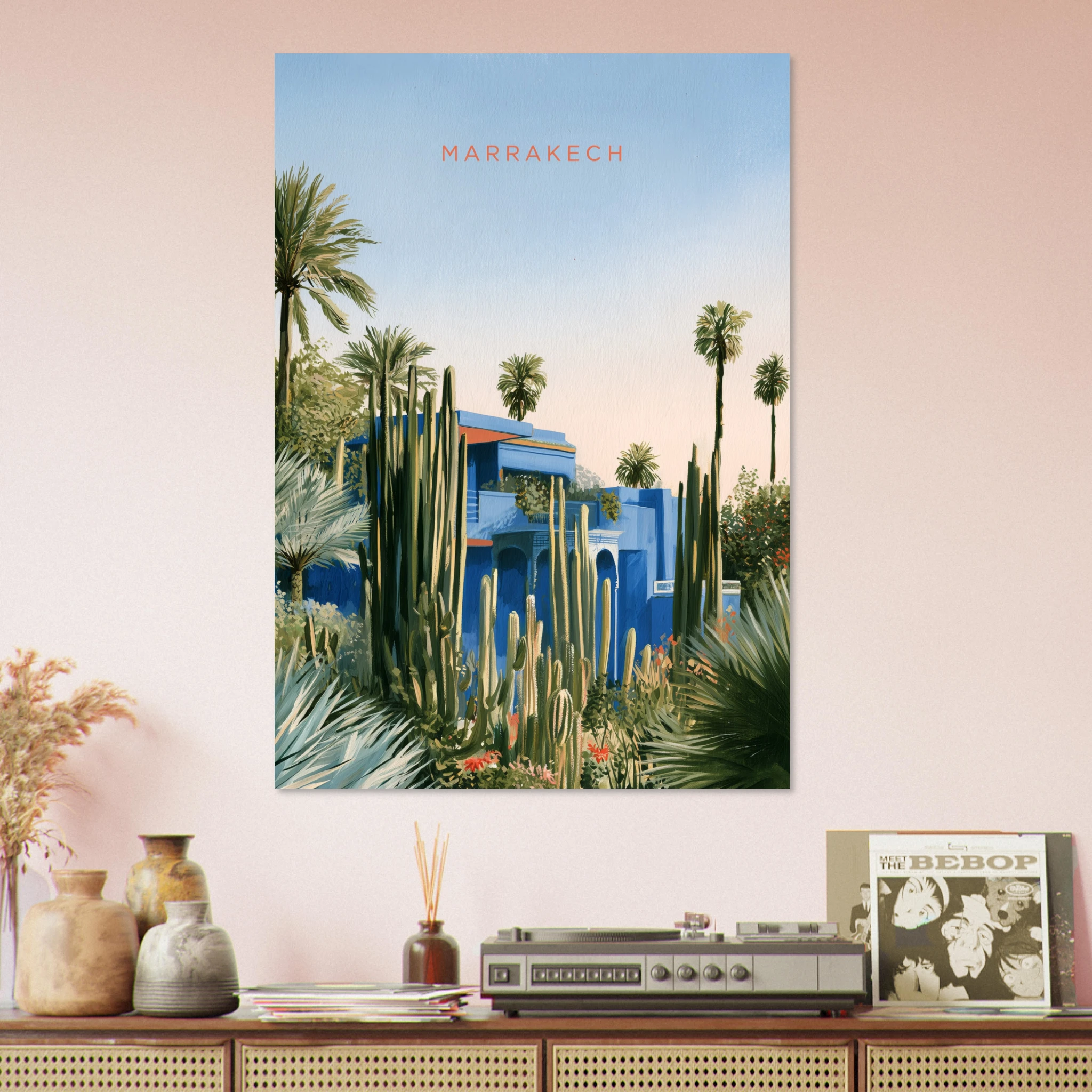 Majorelle Blue Marrakech matte art print, cobalt Majorelle villa with cacti and palms, Marrakech — interior mockup 5