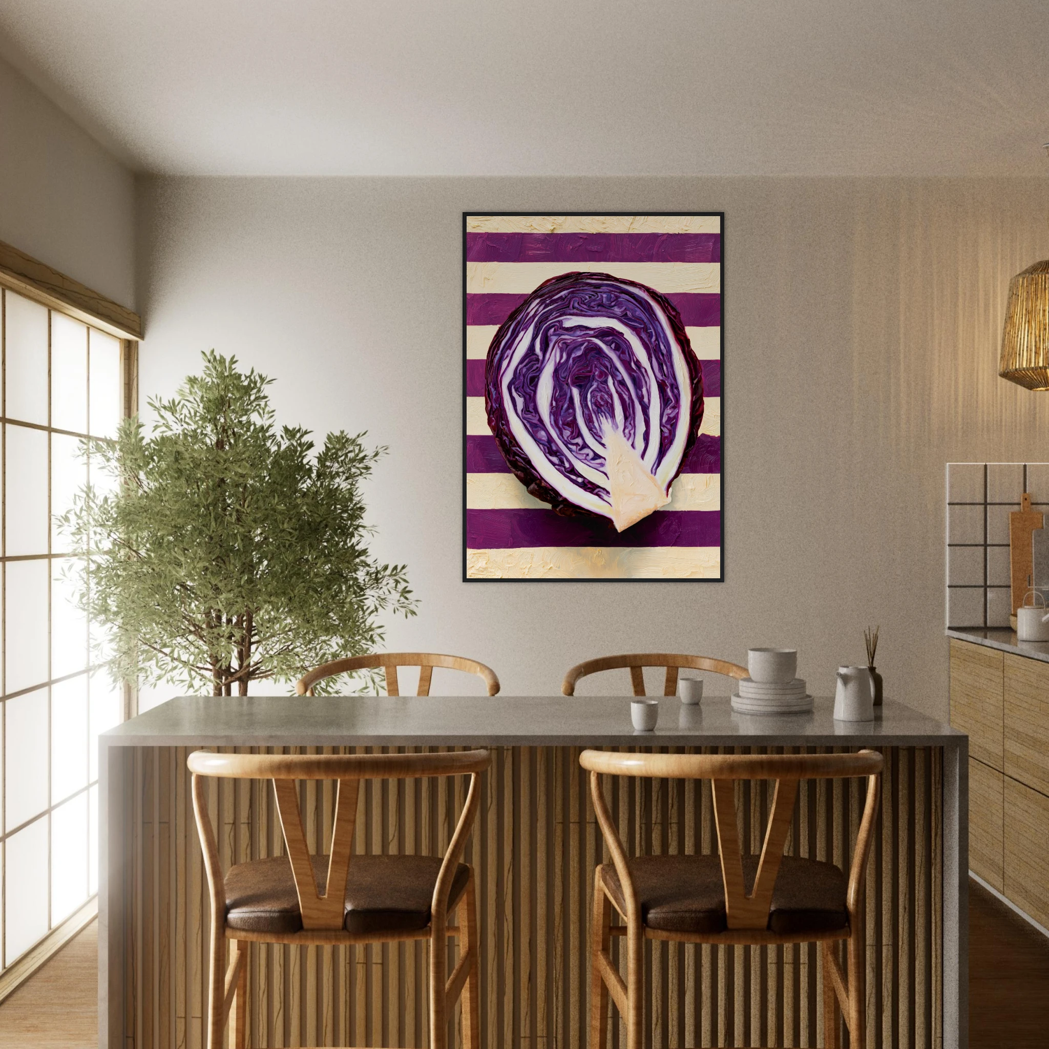 The Red Cabbage framed print, hyperrealistic oil painting of a halved red cabbage on a kitchen wall, room mockup 13