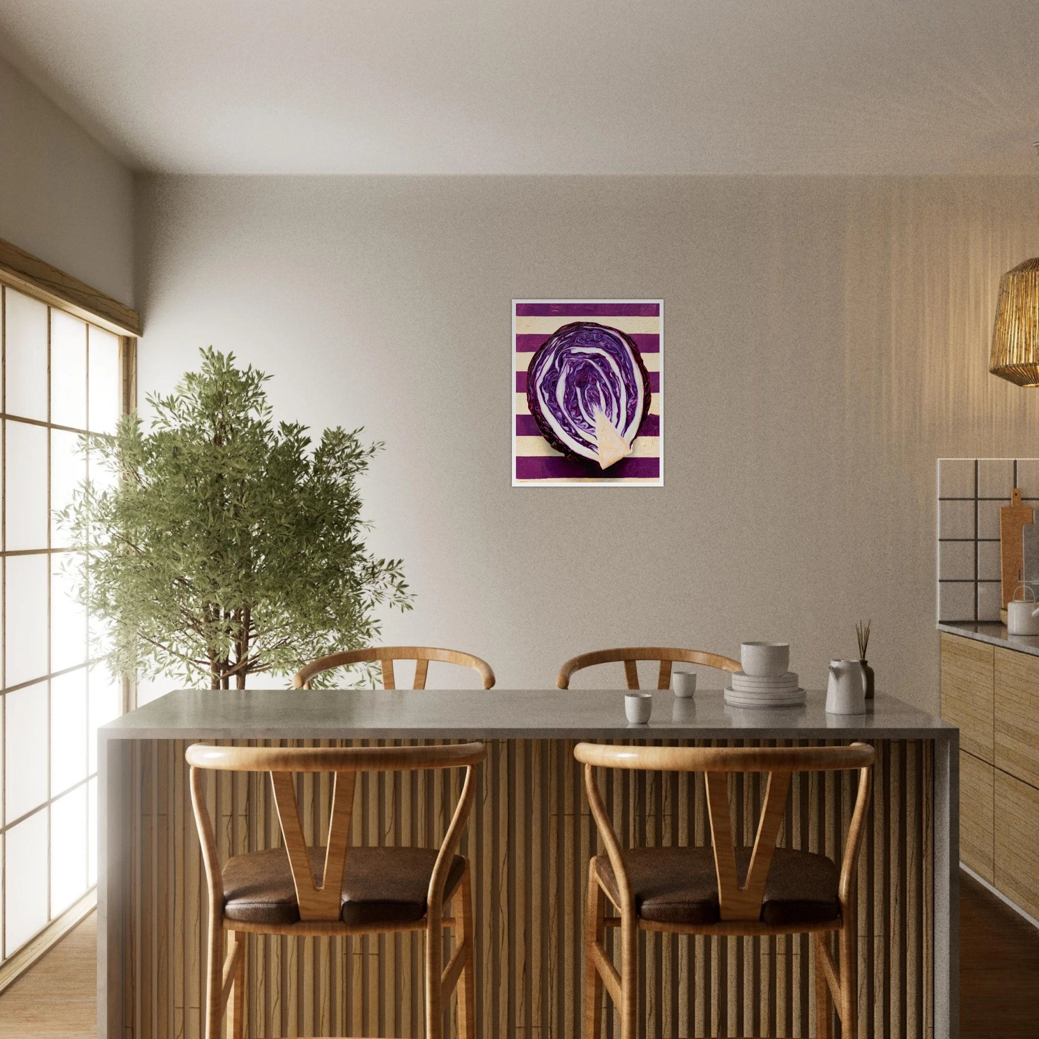 The Red Cabbage framed print, hyperrealistic oil painting of a halved red cabbage on a kitchen wall, room mockup 6