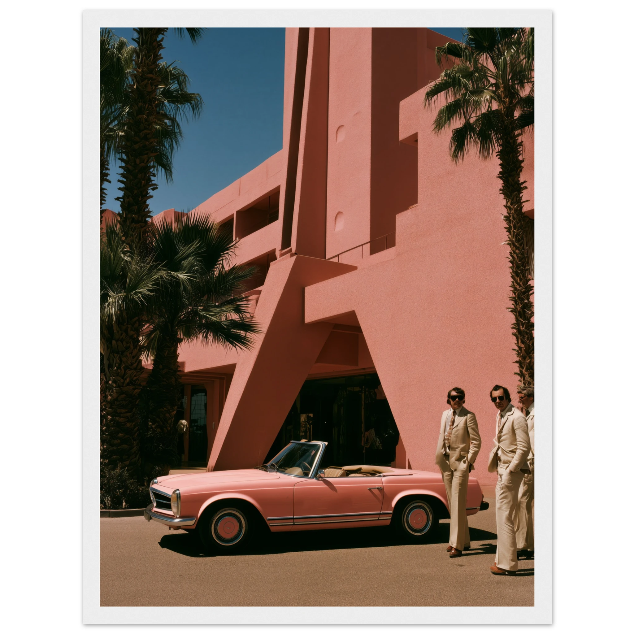 pink mercedes wall art: Pink Mercedes Pagoda outside a blush Palm Springs hotel, framed print, view 6