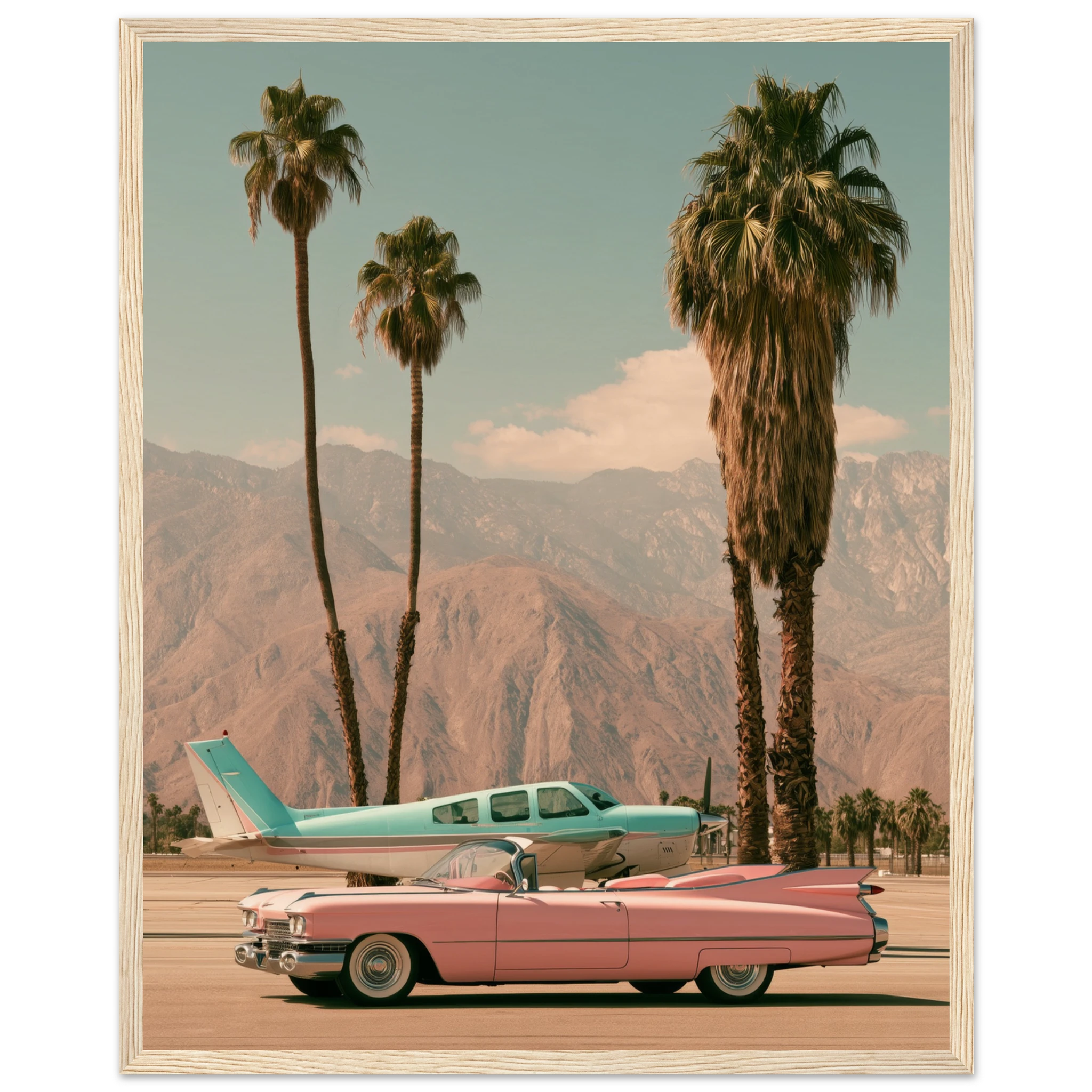 pink cadillac wall art: Pink Cadillac convertible and turquoise vintage plane on a Palm Springs runway with palm trees and mountains, framed print, view 4