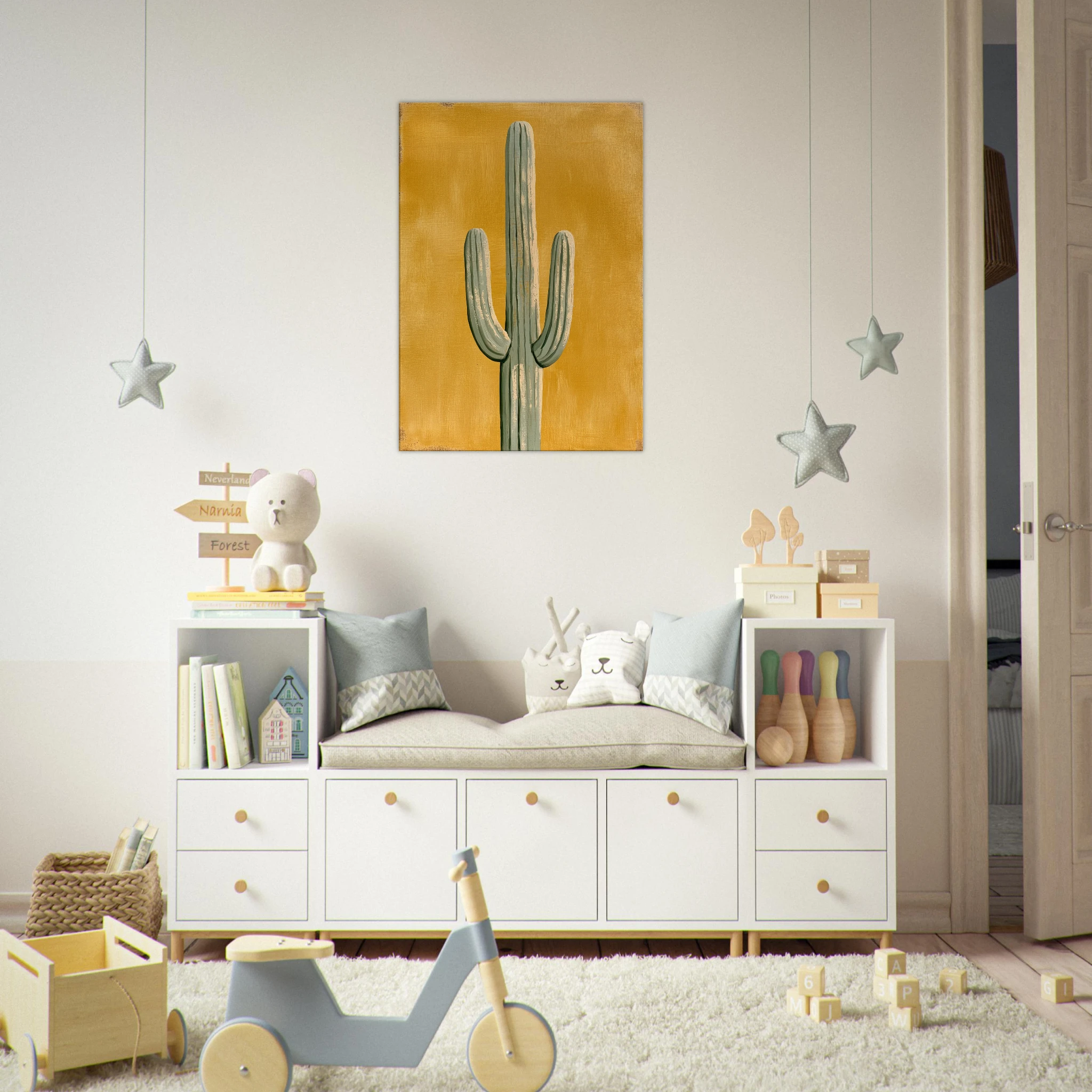 Saguaro Gold — Sonoran Sun canvas print, Saguaro cactus print, sage-green cactus on a mustard-yellow painted background (view 2)