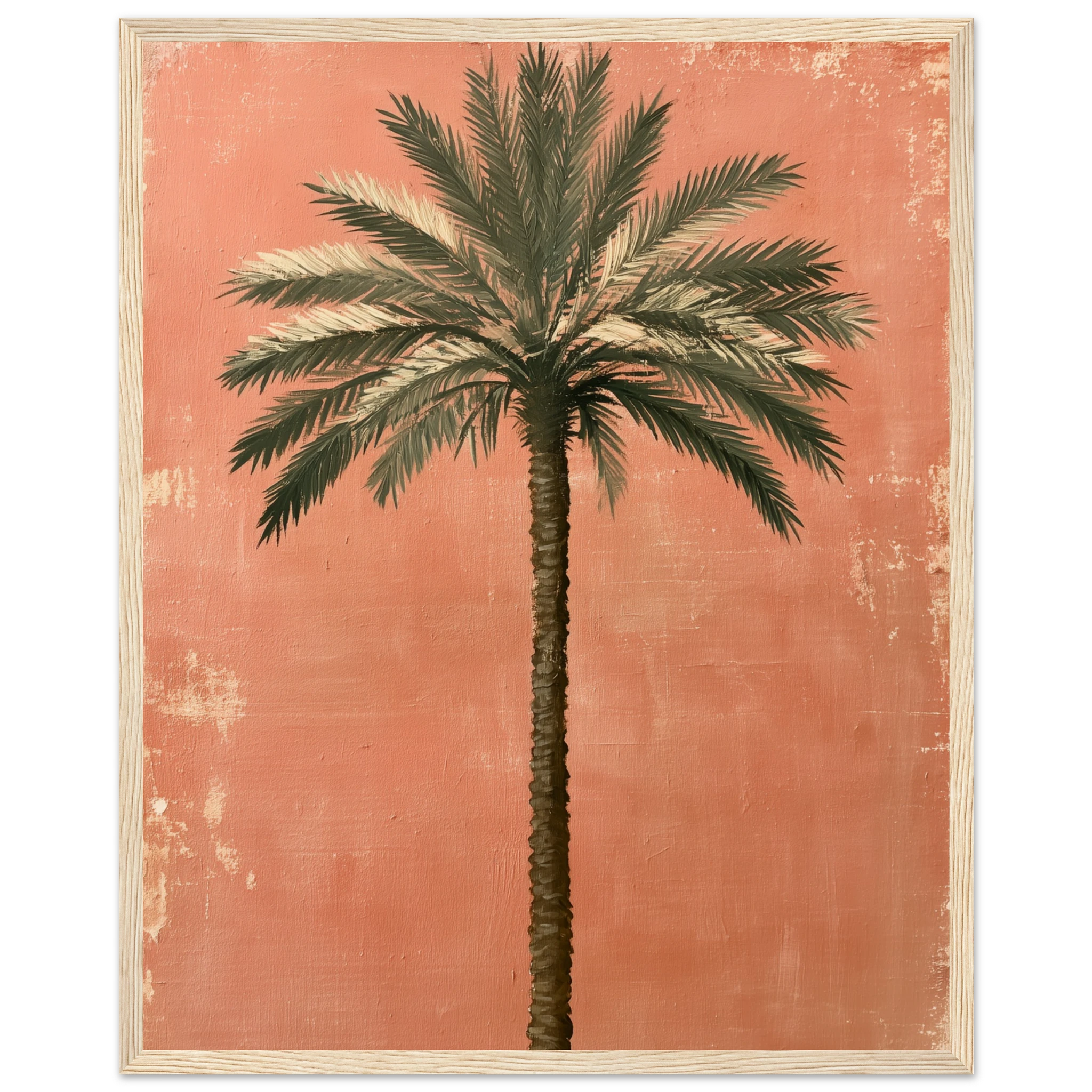 palm tree wall art: Single date palm tree painted on a weathered terracotta wall, framed print, view 12