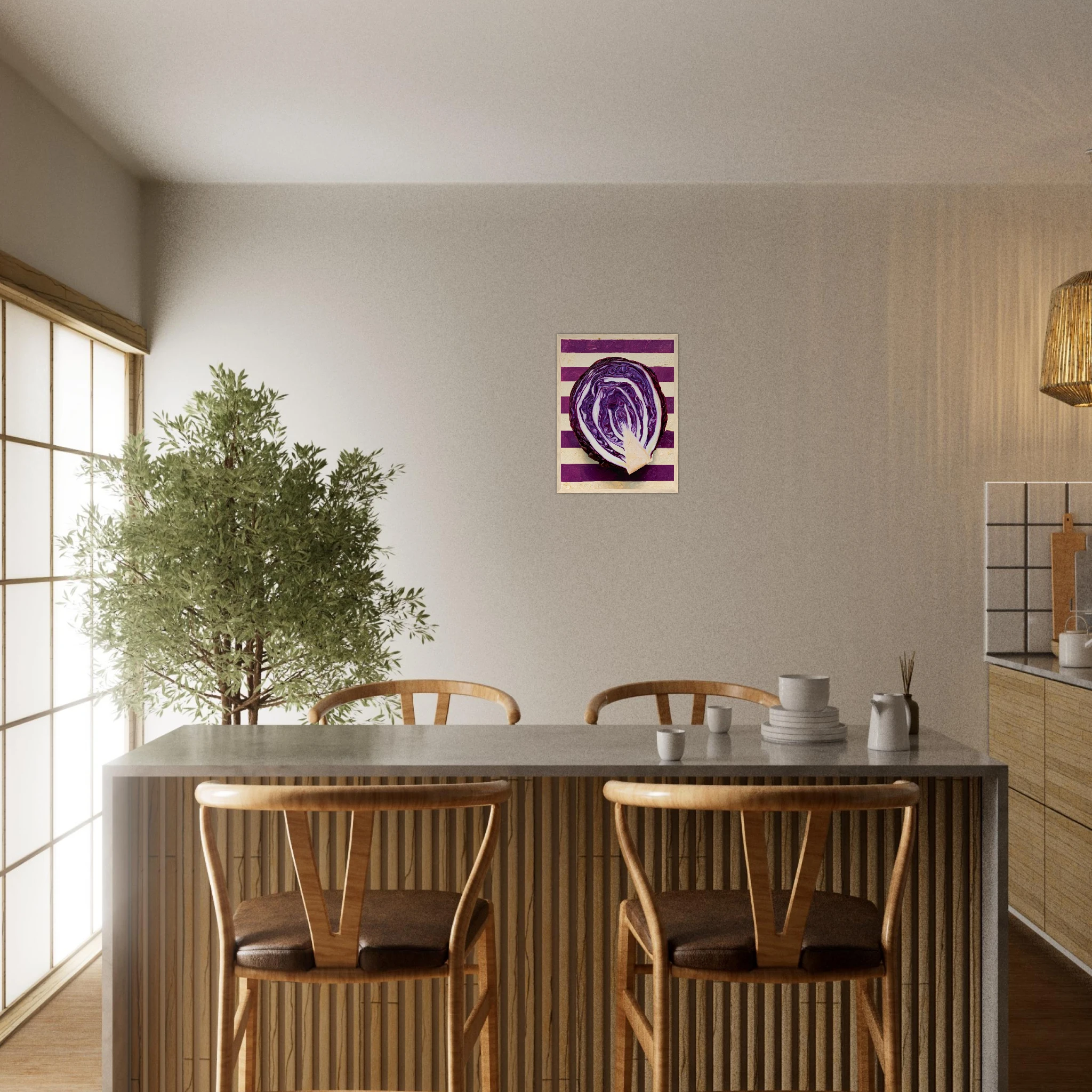 The Red Cabbage framed print, hyperrealistic oil painting of a halved red cabbage on a kitchen wall, room mockup 8