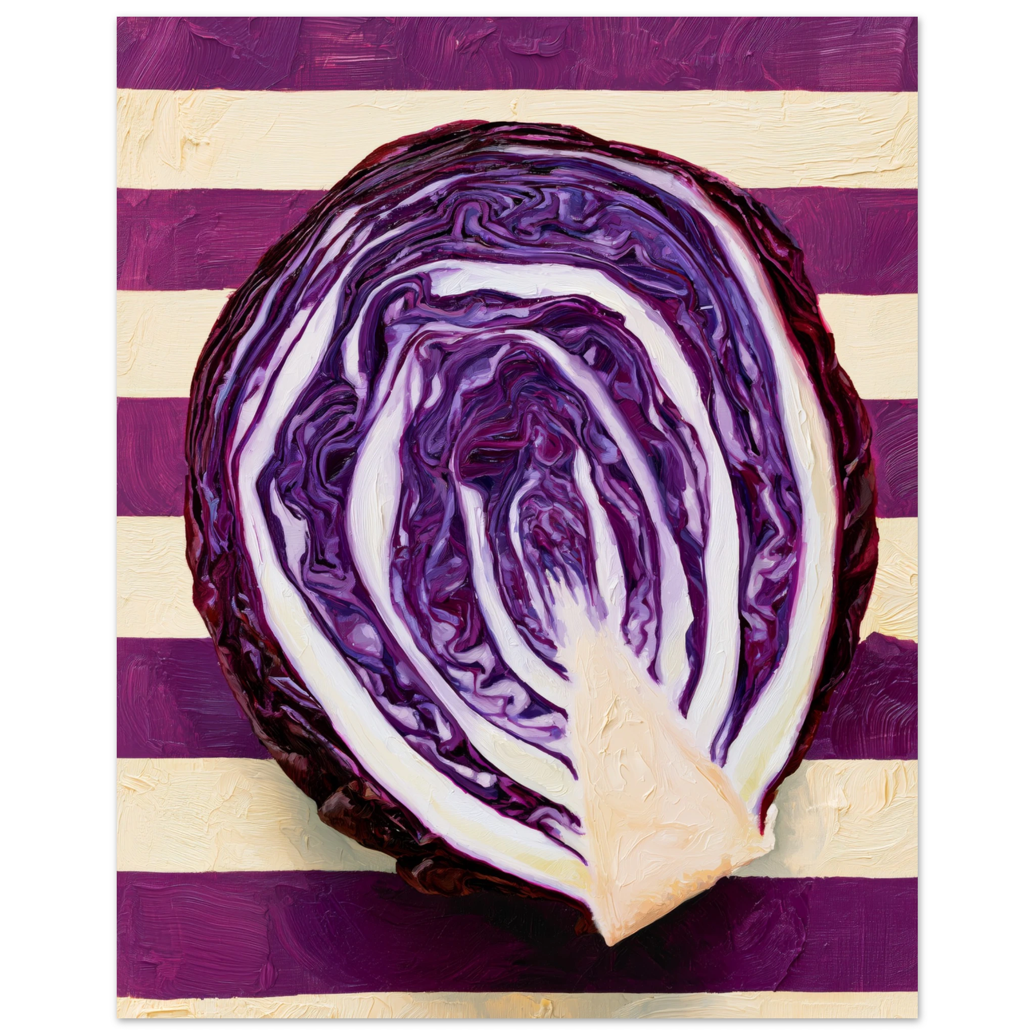 The Red Cabbage matte art print, hyperrealistic oil painting of a halved red cabbage, room mockup 4